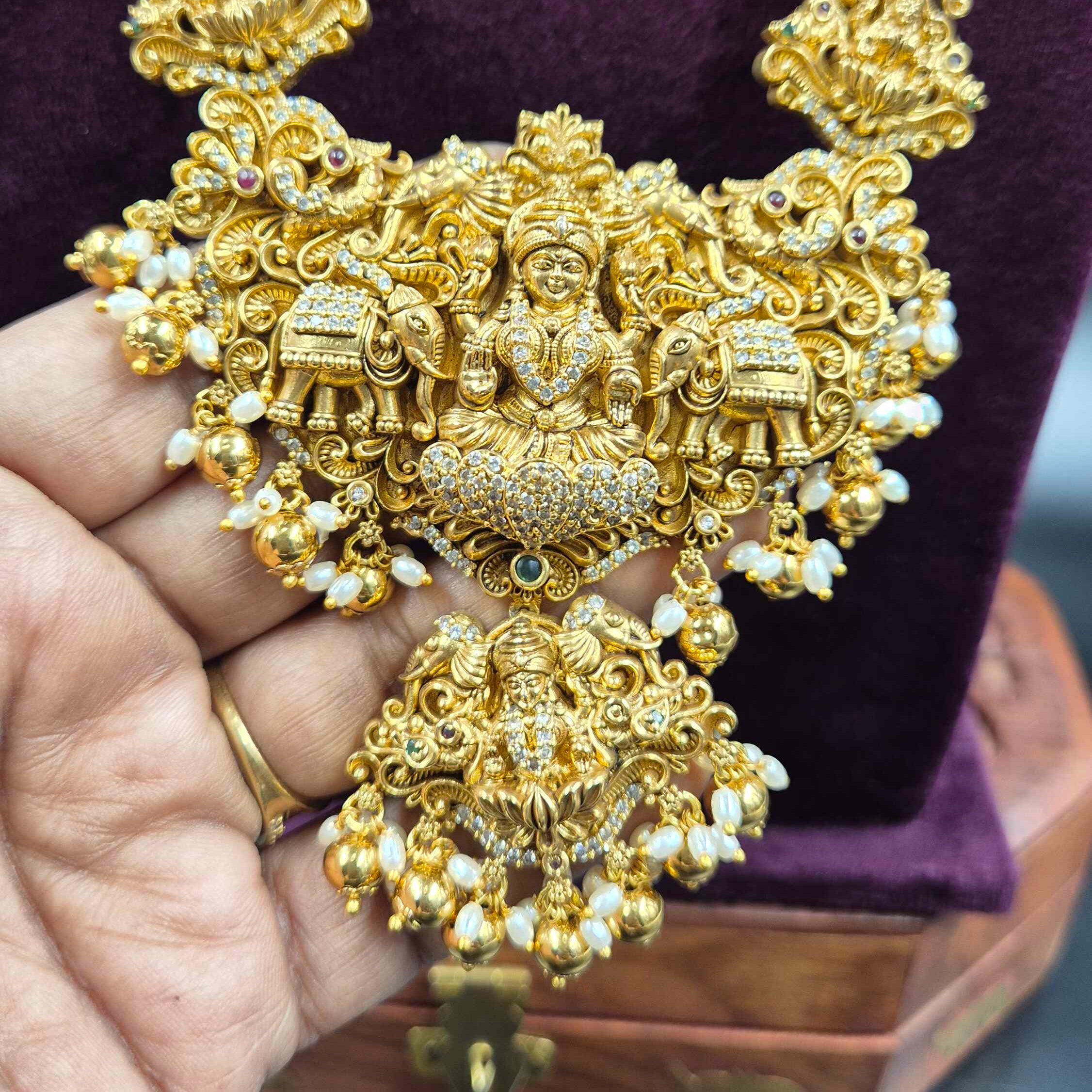 Gajalakshmi Elephant Motif Haram with white stones and Pearl Drops | Temple Jewellery