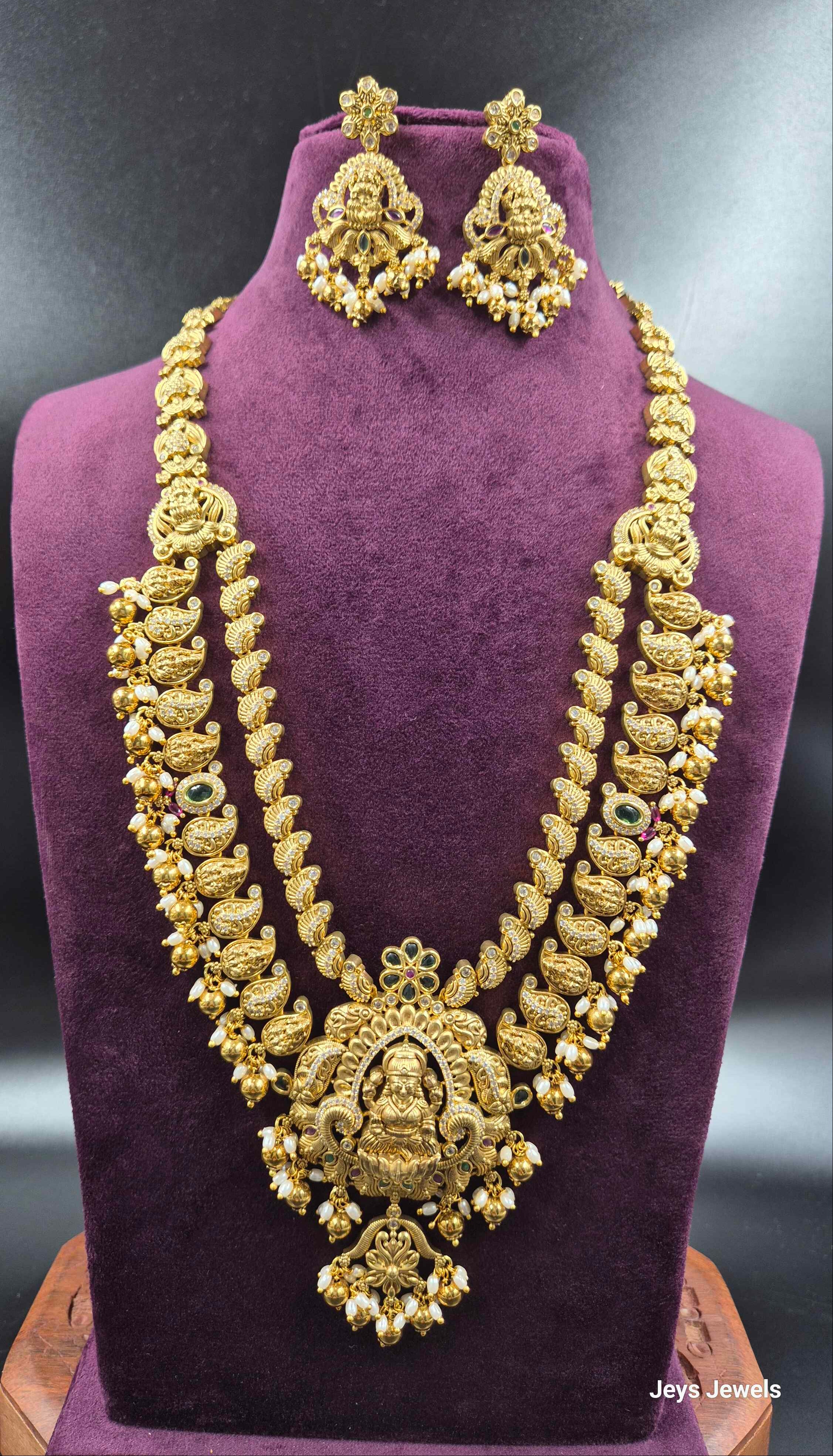 Lakshmi Step Haram with Mango side chain and Pearl Drops & Matching Earrings | Temple Jewellery