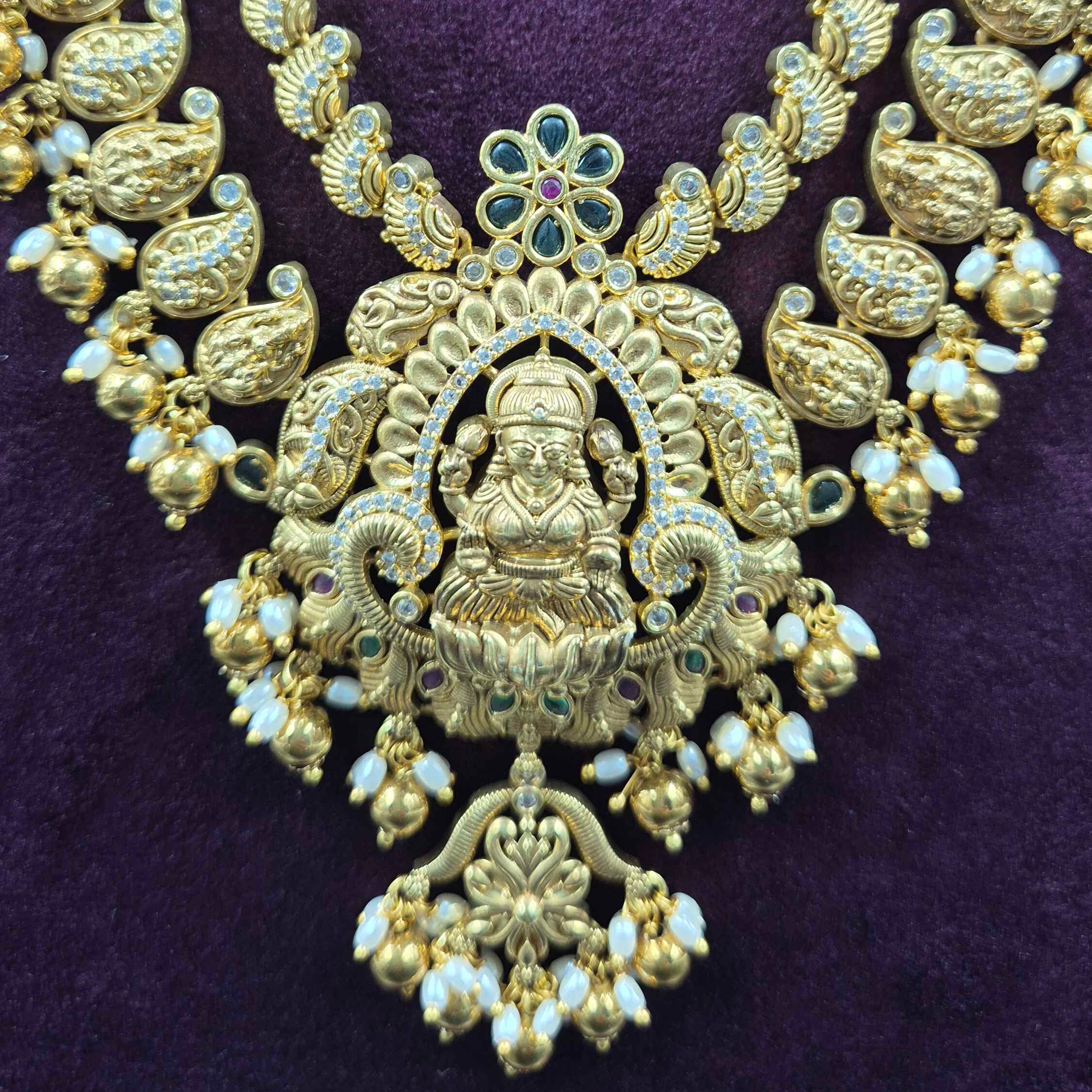 Lakshmi Step Haram with Mango side chain and Pearl Drops & Matching Earrings | Temple Jewellery