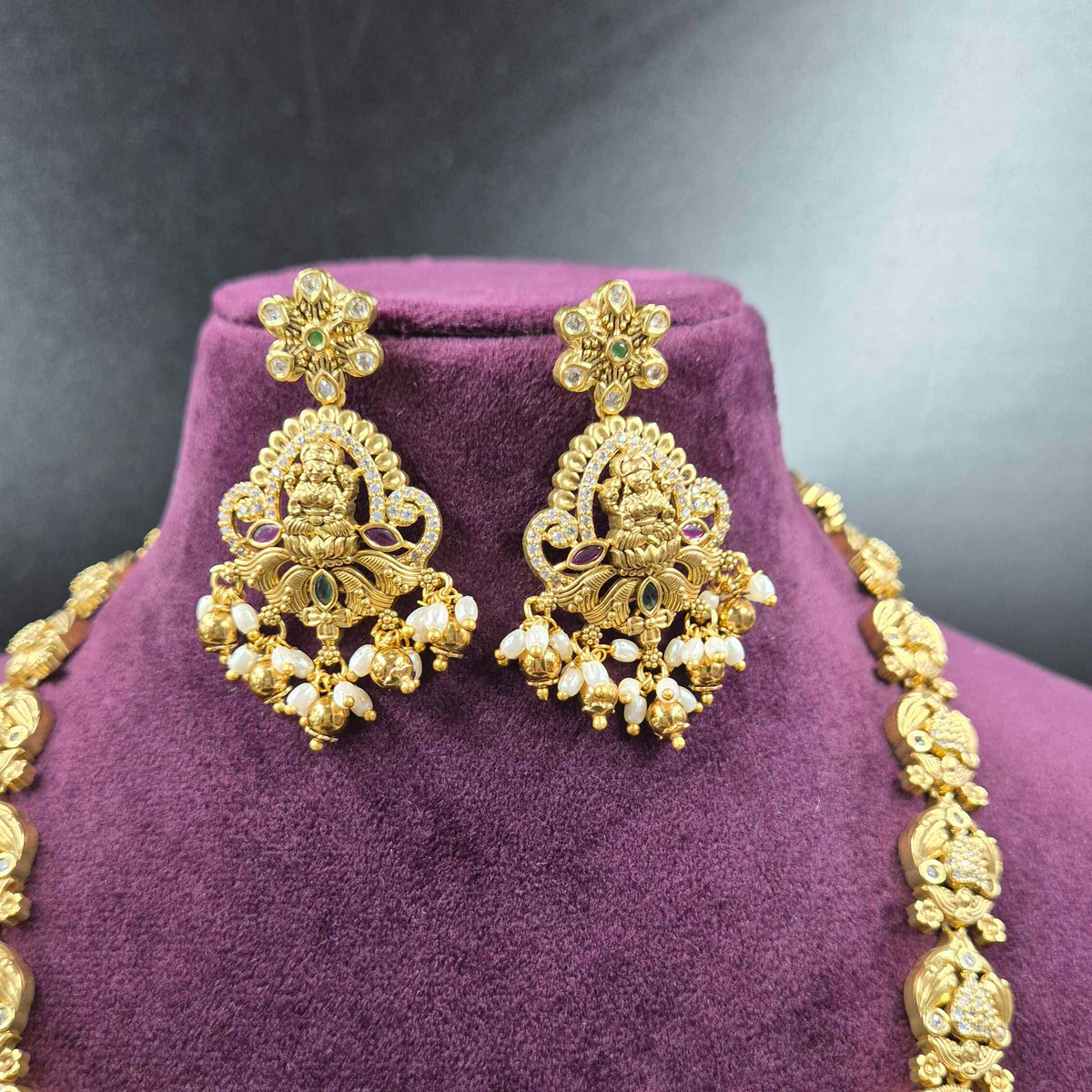 Lakshmi Step Haram with Mango side chain and Pearl Drops & Matching Earrings | Temple Jewellery