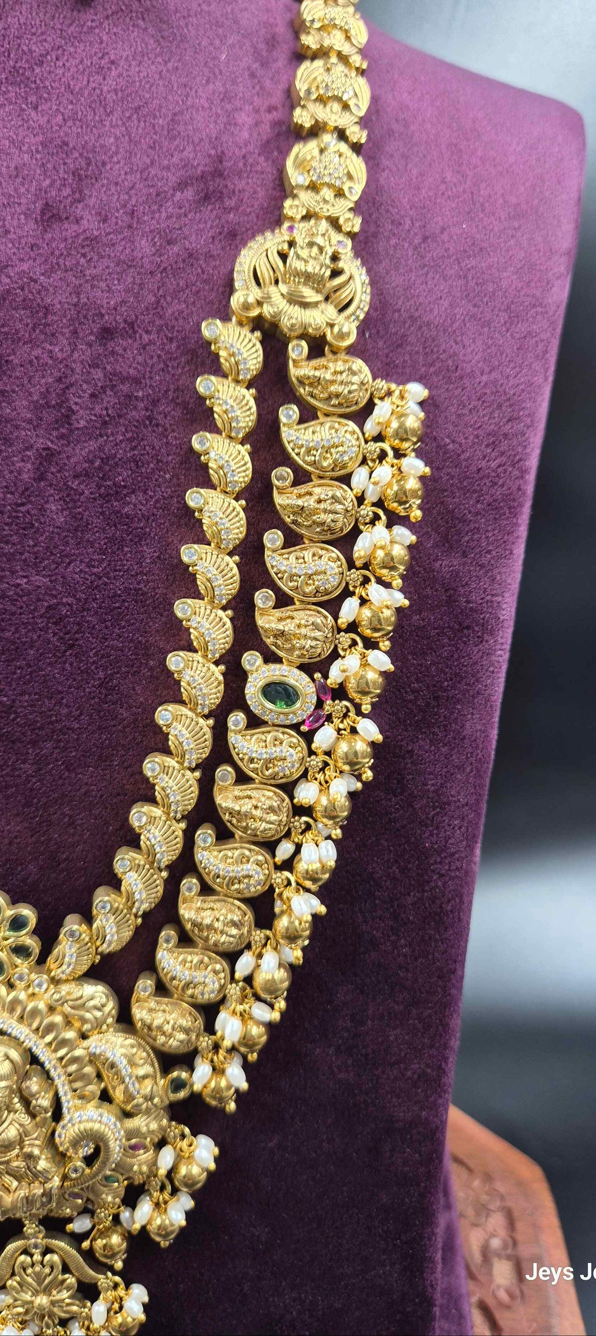 Lakshmi Step Haram with Mango side chain and Pearl Drops & Matching Earrings | Temple Jewellery