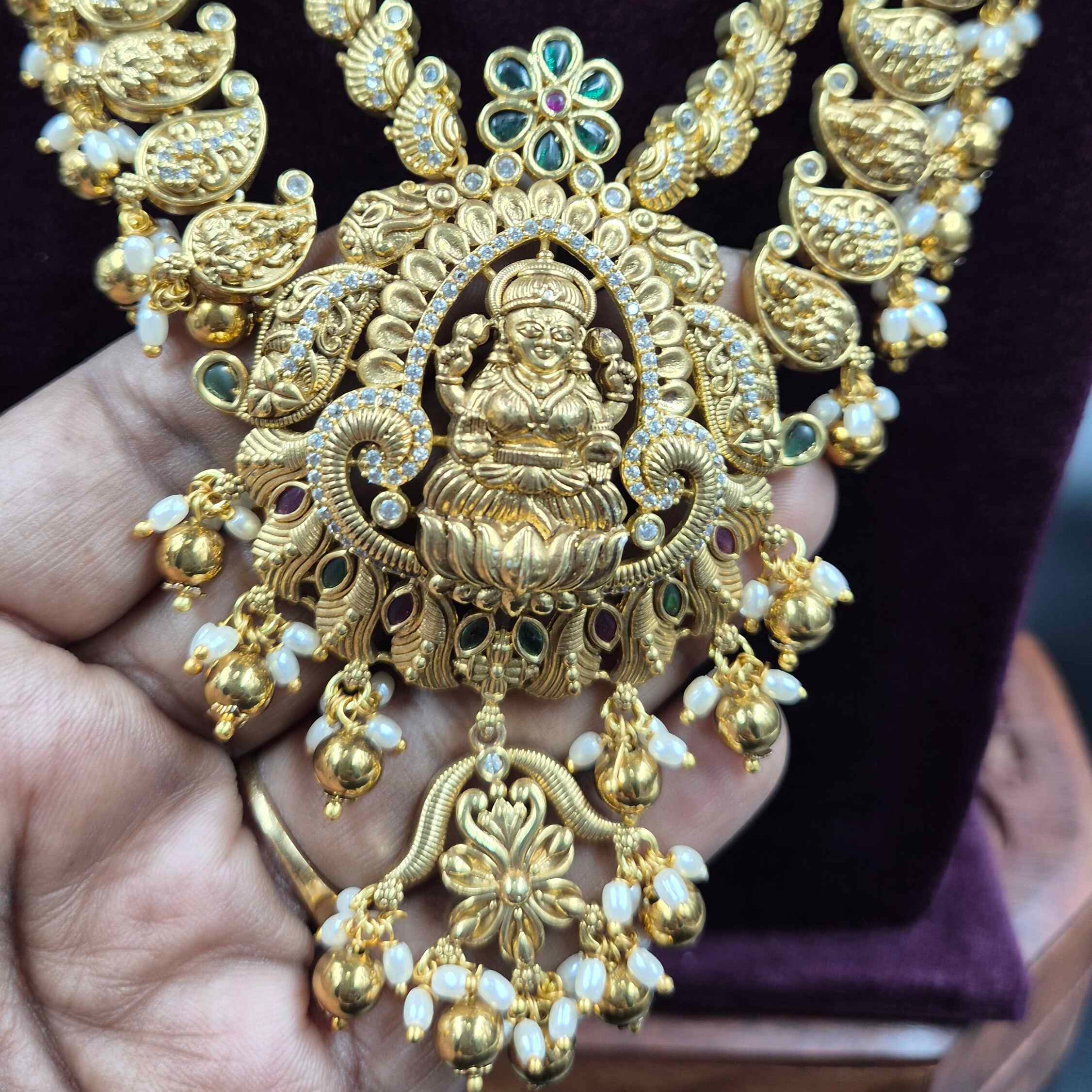 Lakshmi Step Haram with Mango side chain and Pearl Drops & Matching Earrings | Temple Jewellery