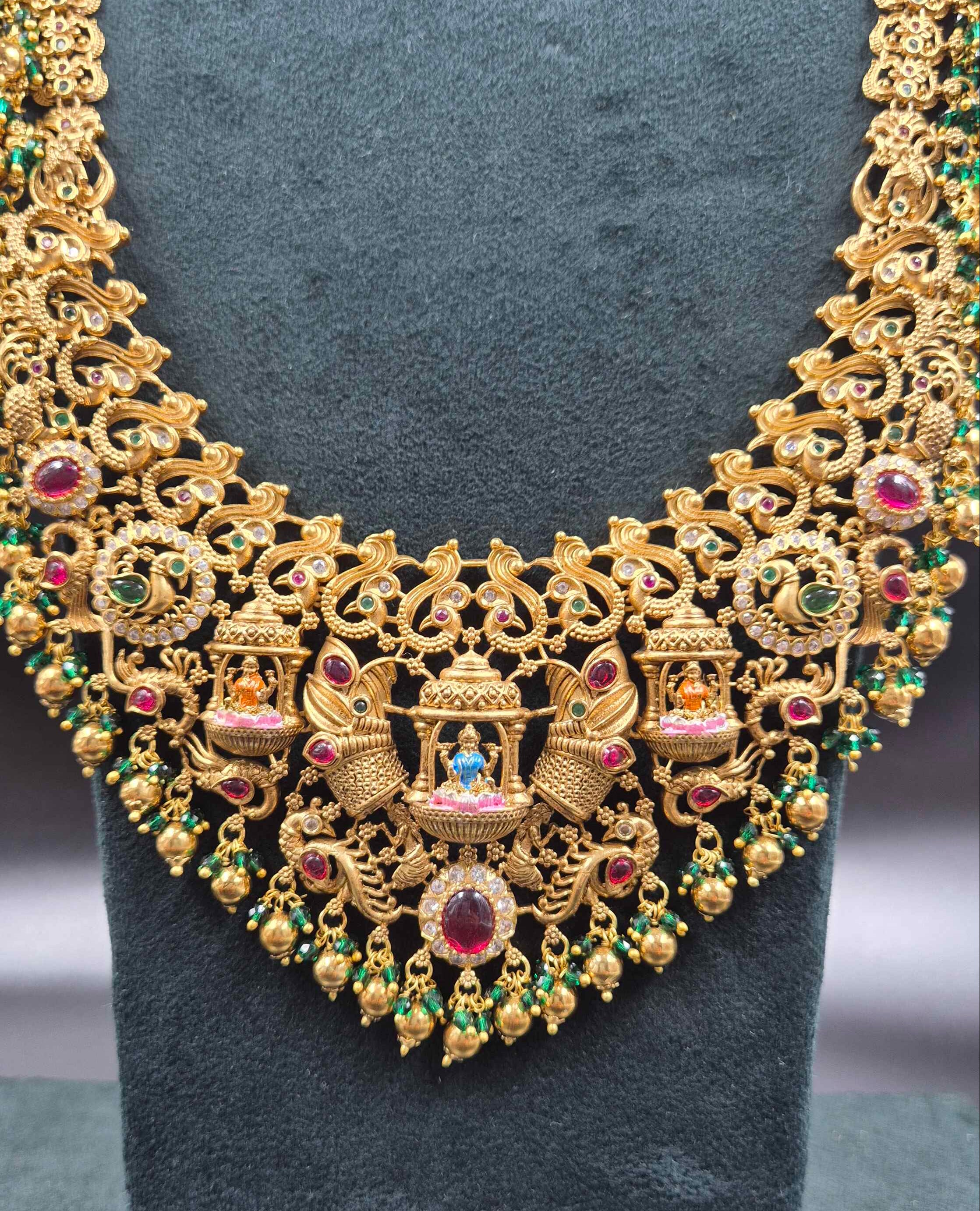 U-Shaped Lakshmi Haram with Ruby & Emerald Stones | Temple Jewellery