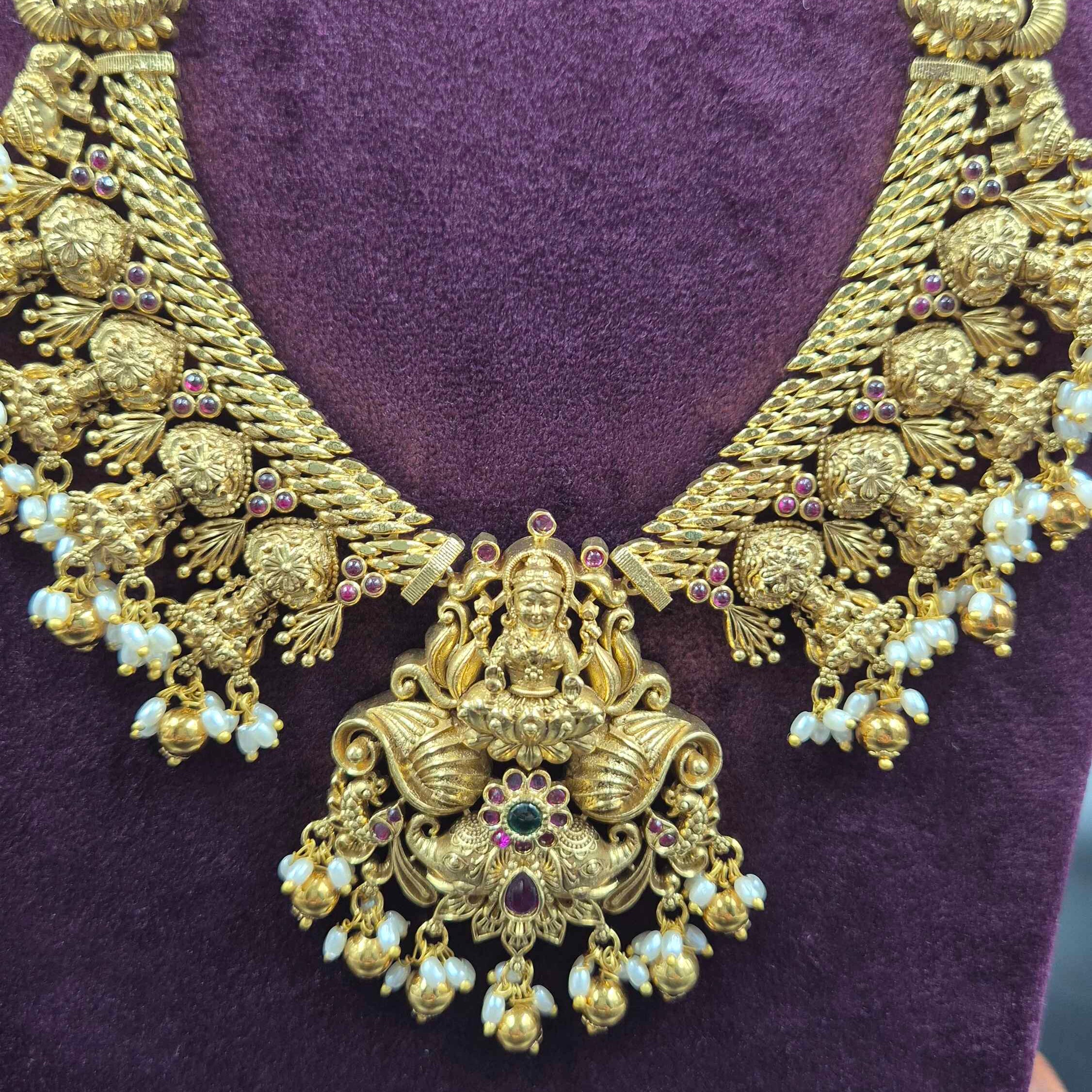 Lakshmi  Motif Haram with Pearl Drops | Traditional Temple Jewellery