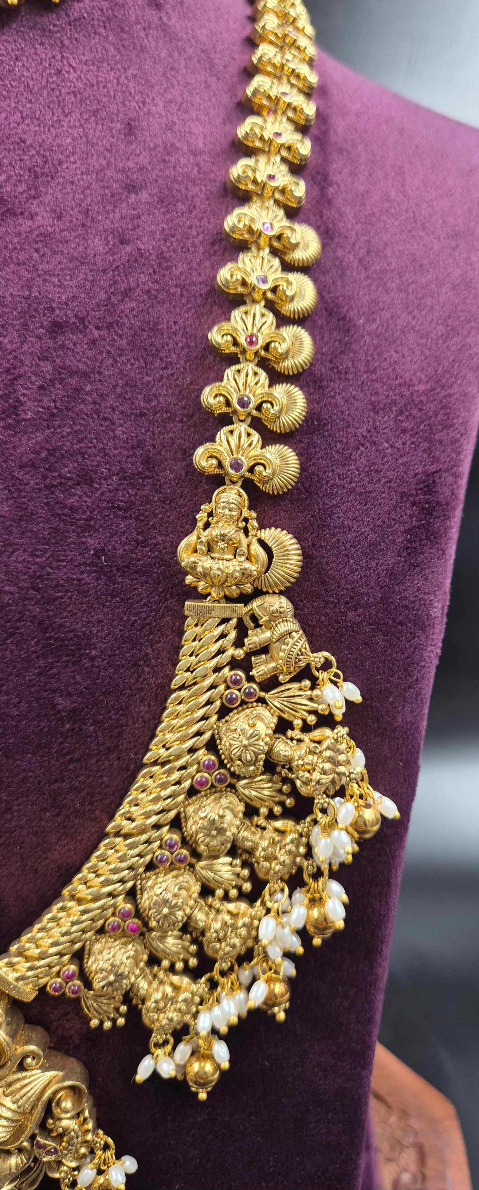 Lakshmi  Motif Haram with Pearl Drops | Traditional Temple Jewellery