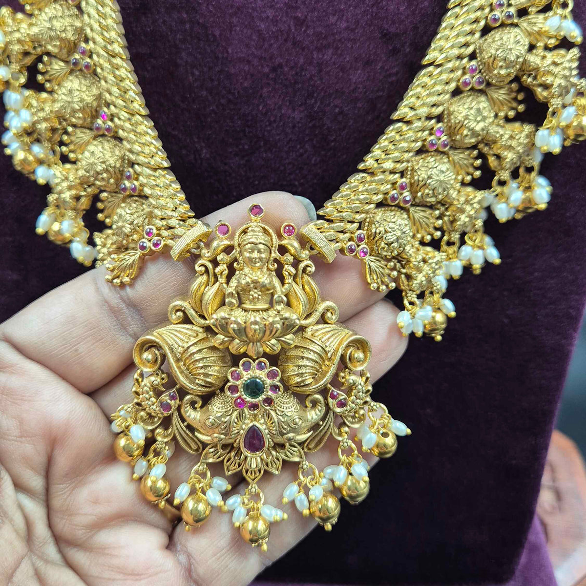 Lakshmi  Motif Haram with Pearl Drops | Traditional Temple Jewellery