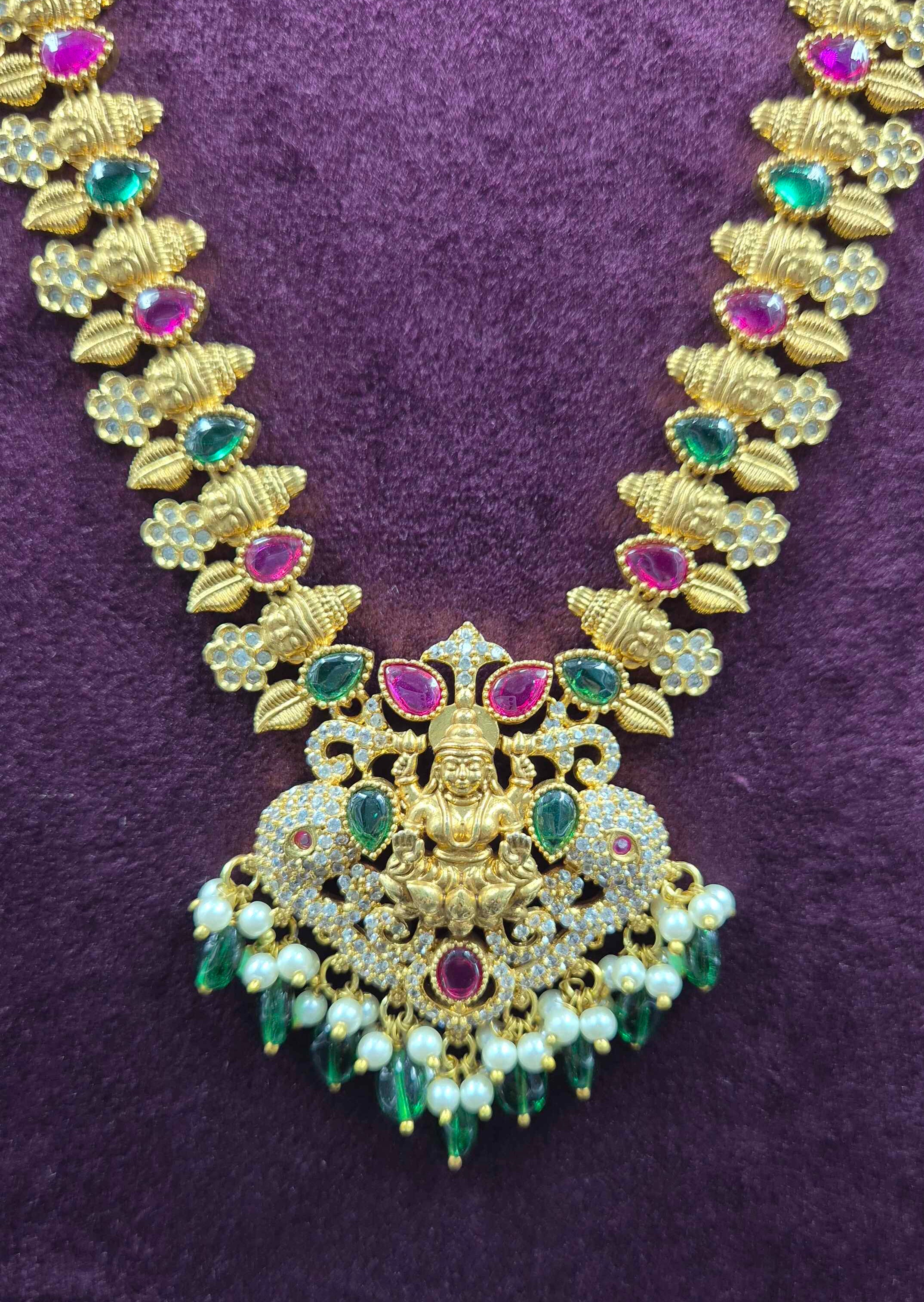 Long Lakshmi Pendant Necklace with Matching Earrings | Temple Jewellery