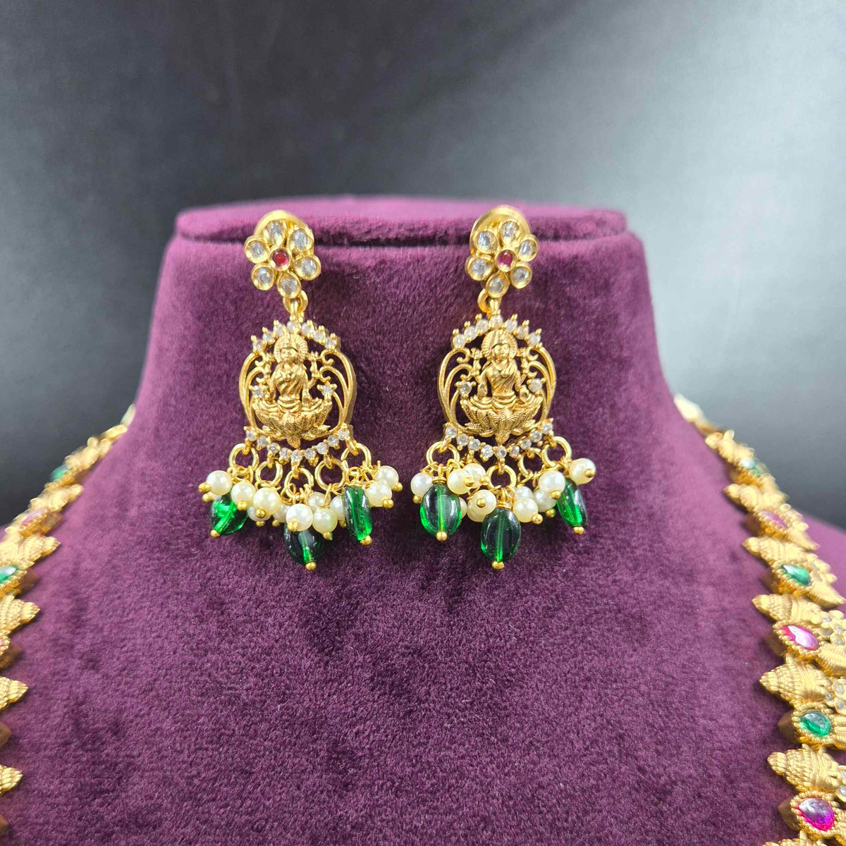 Long Lakshmi Pendant Necklace with Matching Earrings | Temple Jewellery