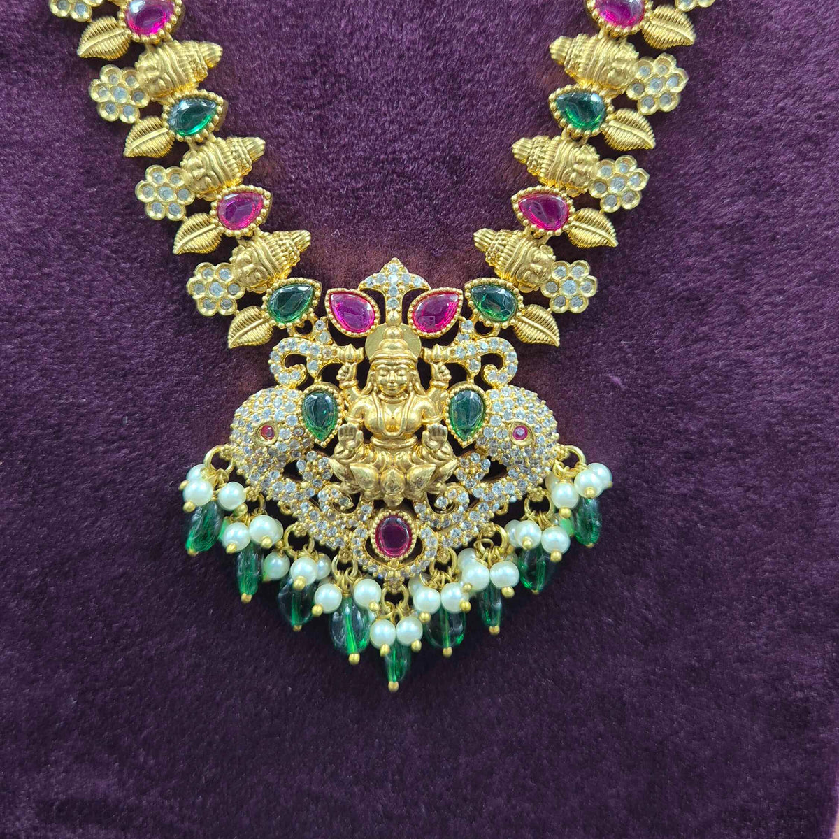 Long Lakshmi Pendant Necklace with Matching Earrings | Temple Jewellery