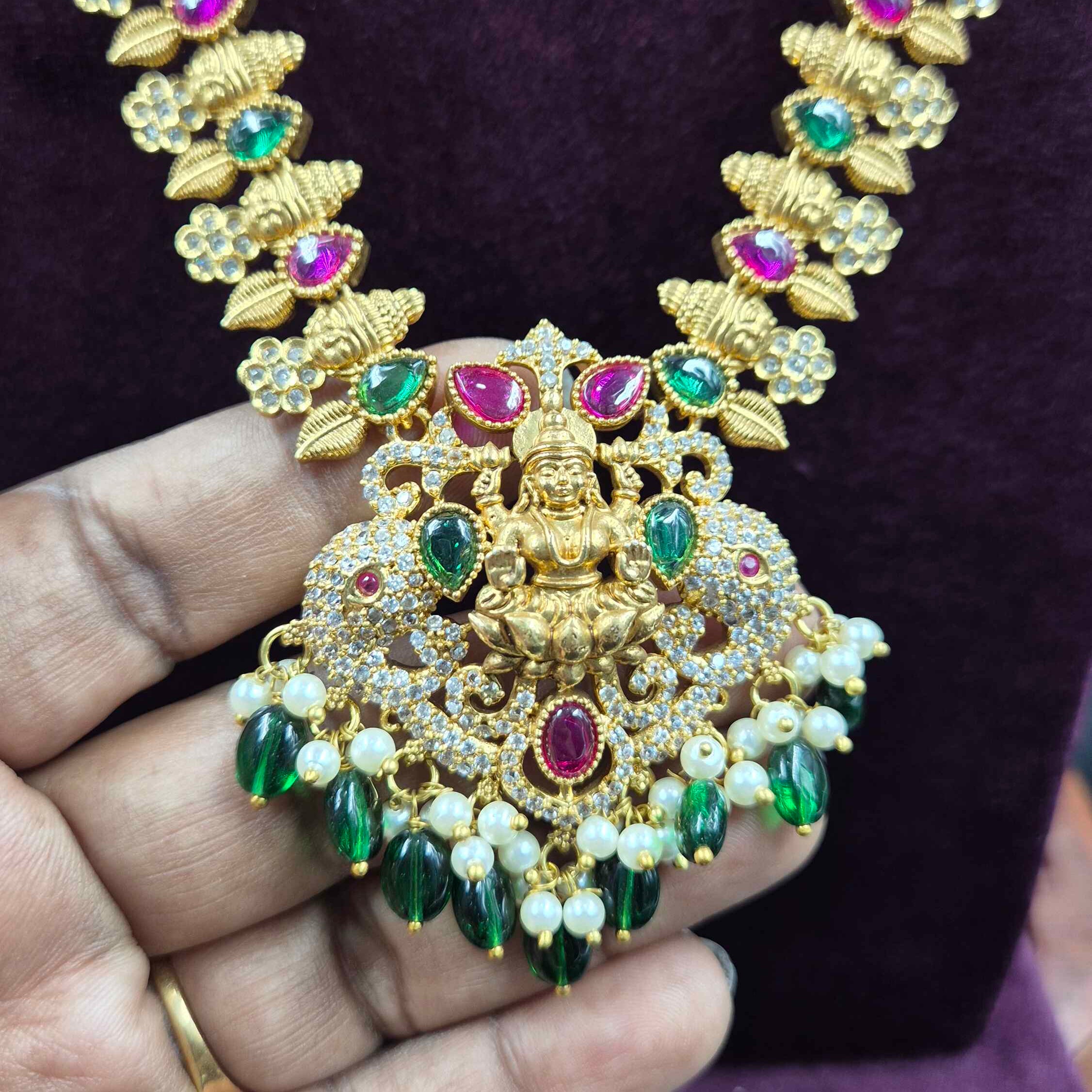 Long Lakshmi Pendant Necklace with Matching Earrings | Temple Jewellery