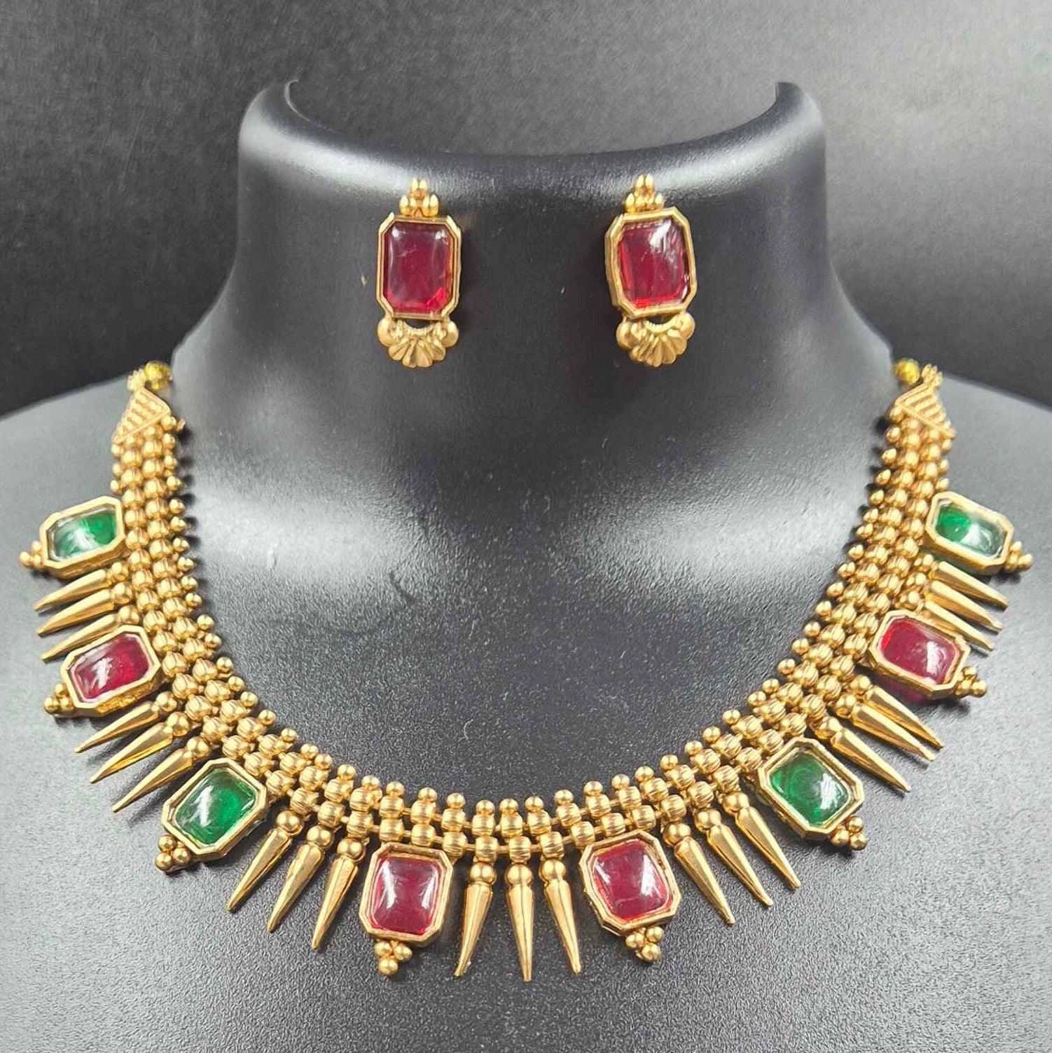 Pichi Mottu Ruby Green Stone Necklace | Traditional Gold Look Jewellery