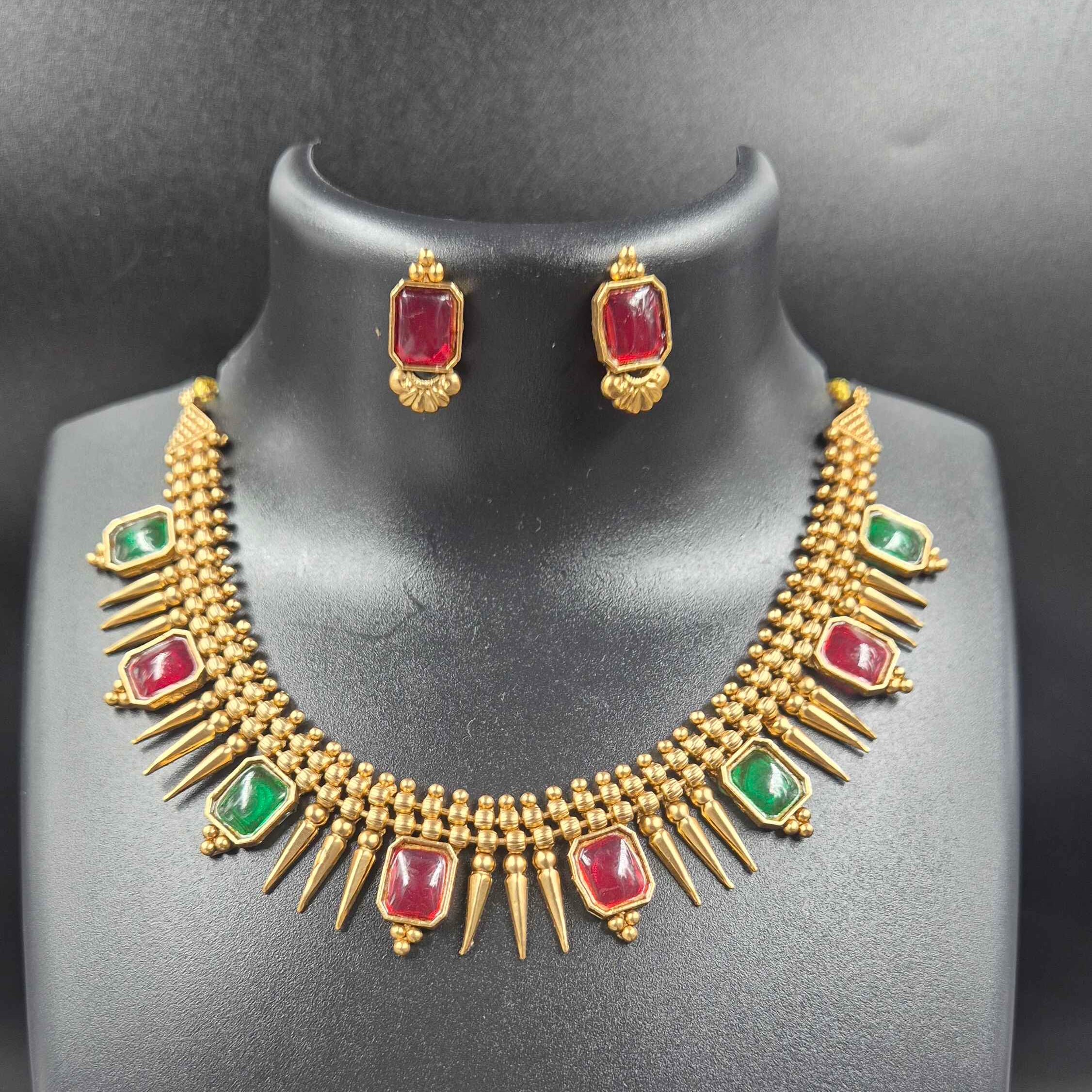 Pichi Mottu Ruby Green Stone Necklace | Traditional Gold Look Jewellery