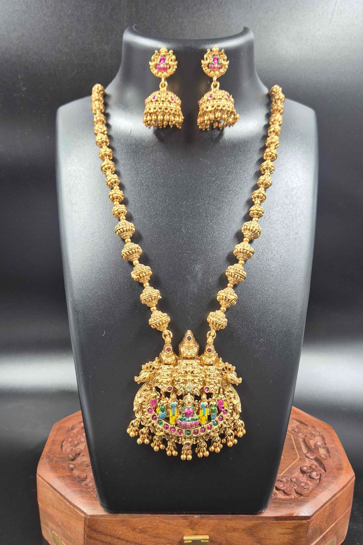 Lakshmi Peacock Nakshi Haram with Jhumka | Traditional Temple Jewellery Set