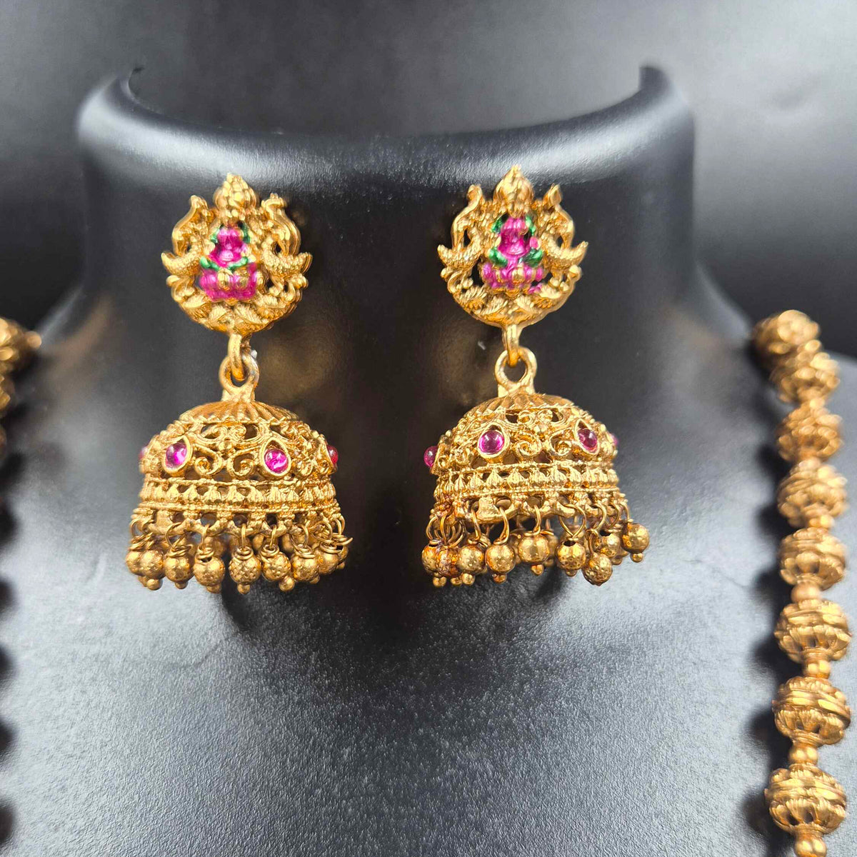 Lakshmi Peacock Nakshi Haram with Jhumka | Traditional Temple Jewellery Set