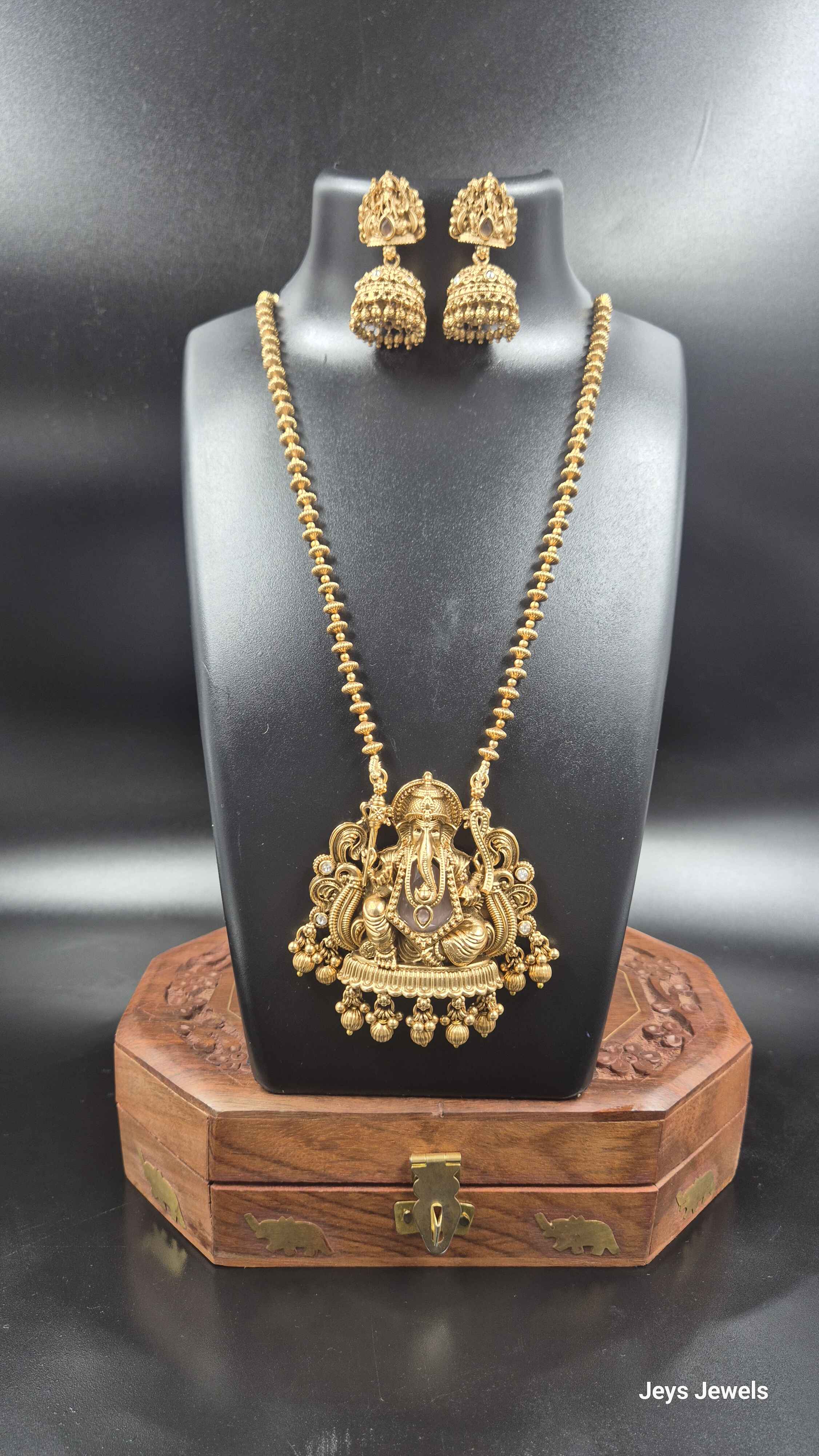 Ganesha Pendant Pink Long Haram with Jhumka | Traditional Temple Jewellery Set