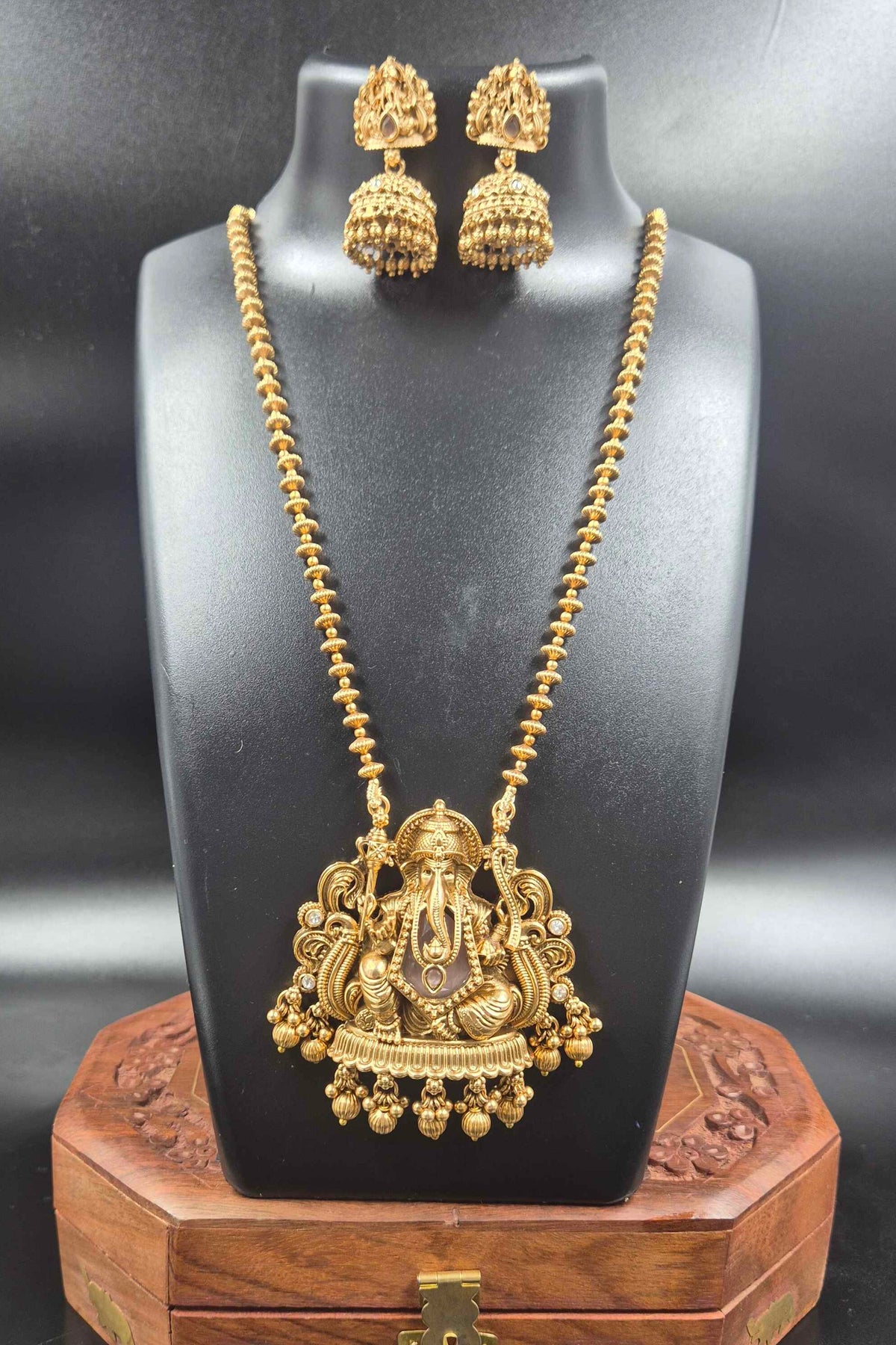 Ganesha Pendant Pink Long Haram with Jhumka | Traditional Temple Jewellery Set