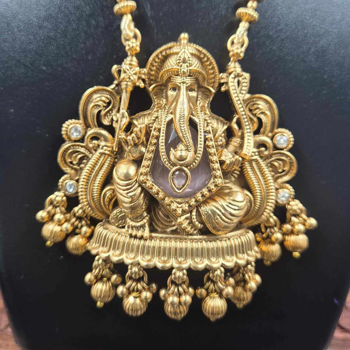 Ganesha Pendant Pink Long Haram with Jhumka | Traditional Temple Jewellery Set