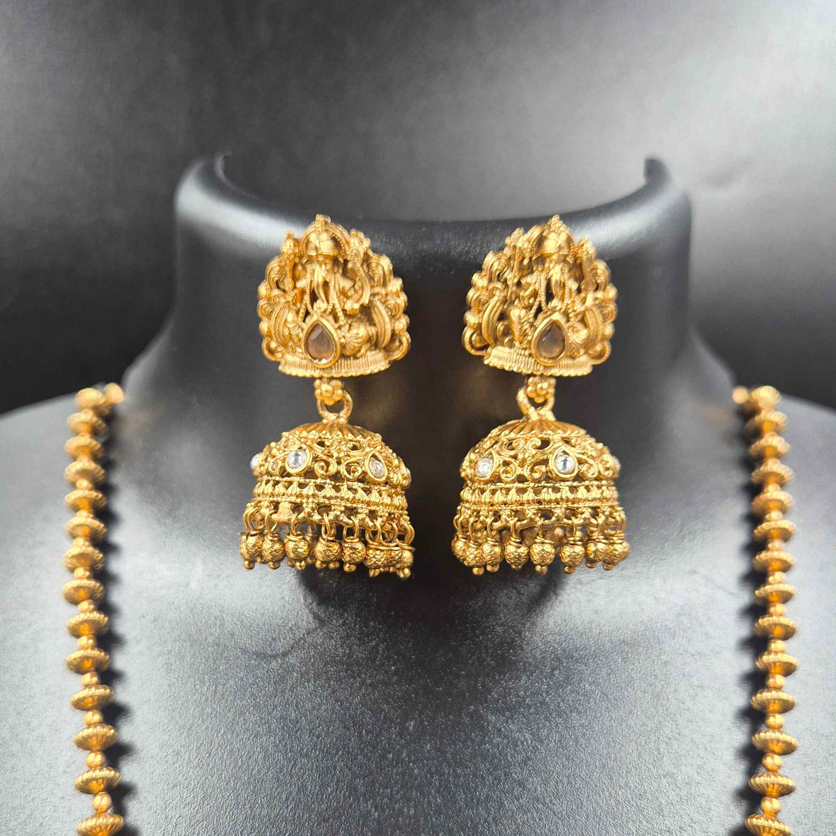 Ganesha Pendant Pink Long Haram with Jhumka | Traditional Temple Jewellery Set