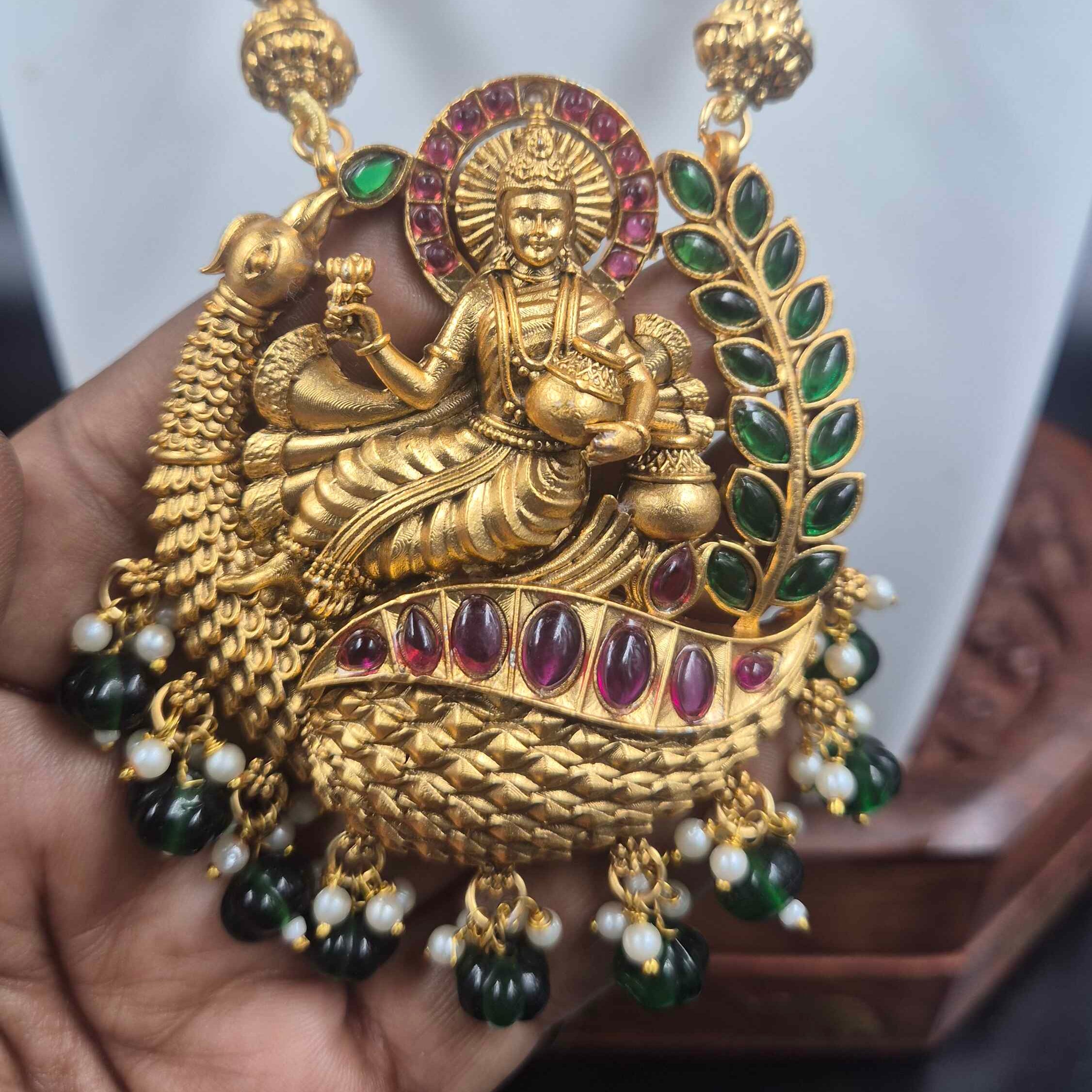 Goddess Lakshmi Peacock Pendant Necklace Set | Ruby & Emerald Jewellery