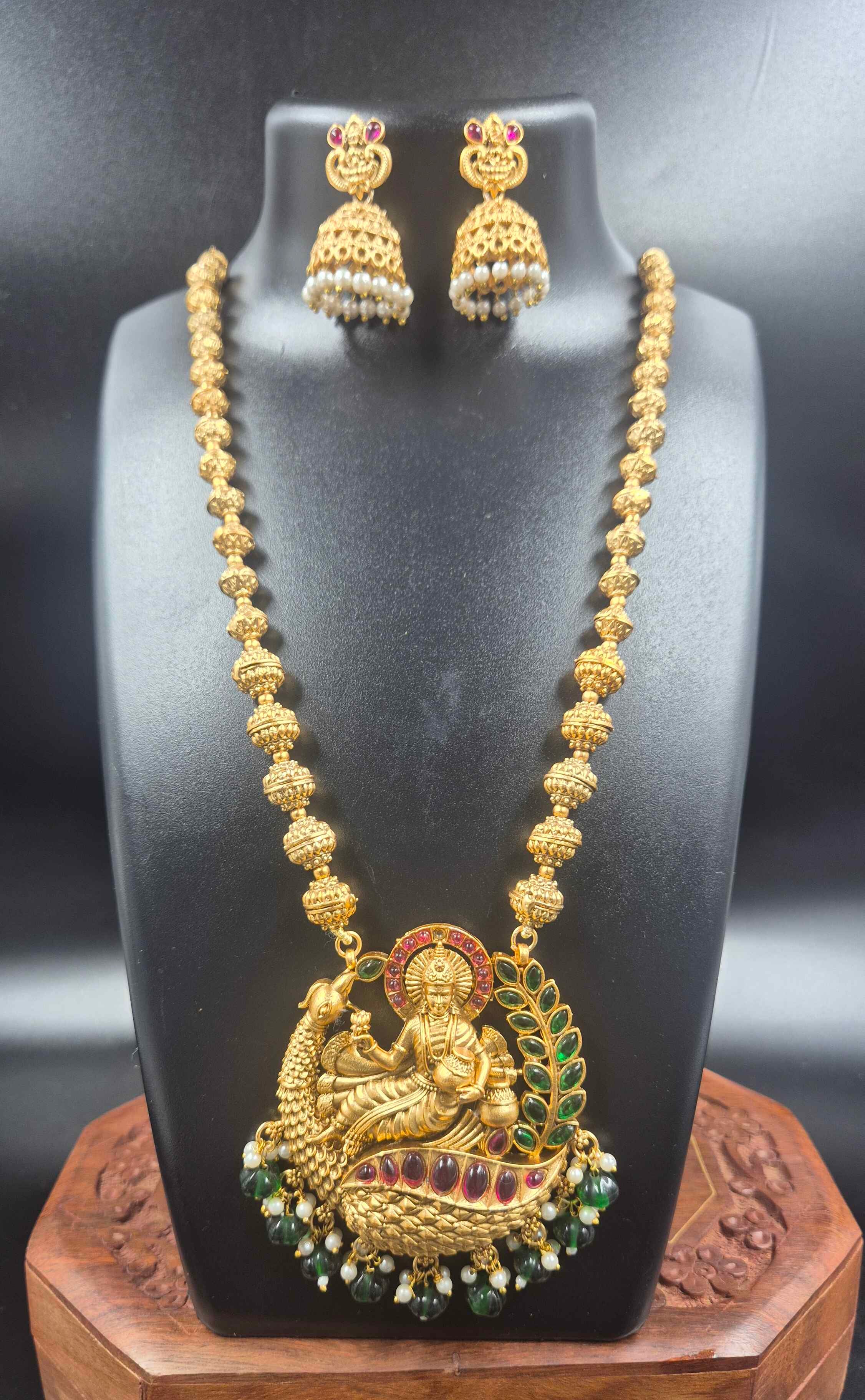 Goddess Lakshmi Peacock Pendant Necklace Set | Ruby & Emerald Jewellery