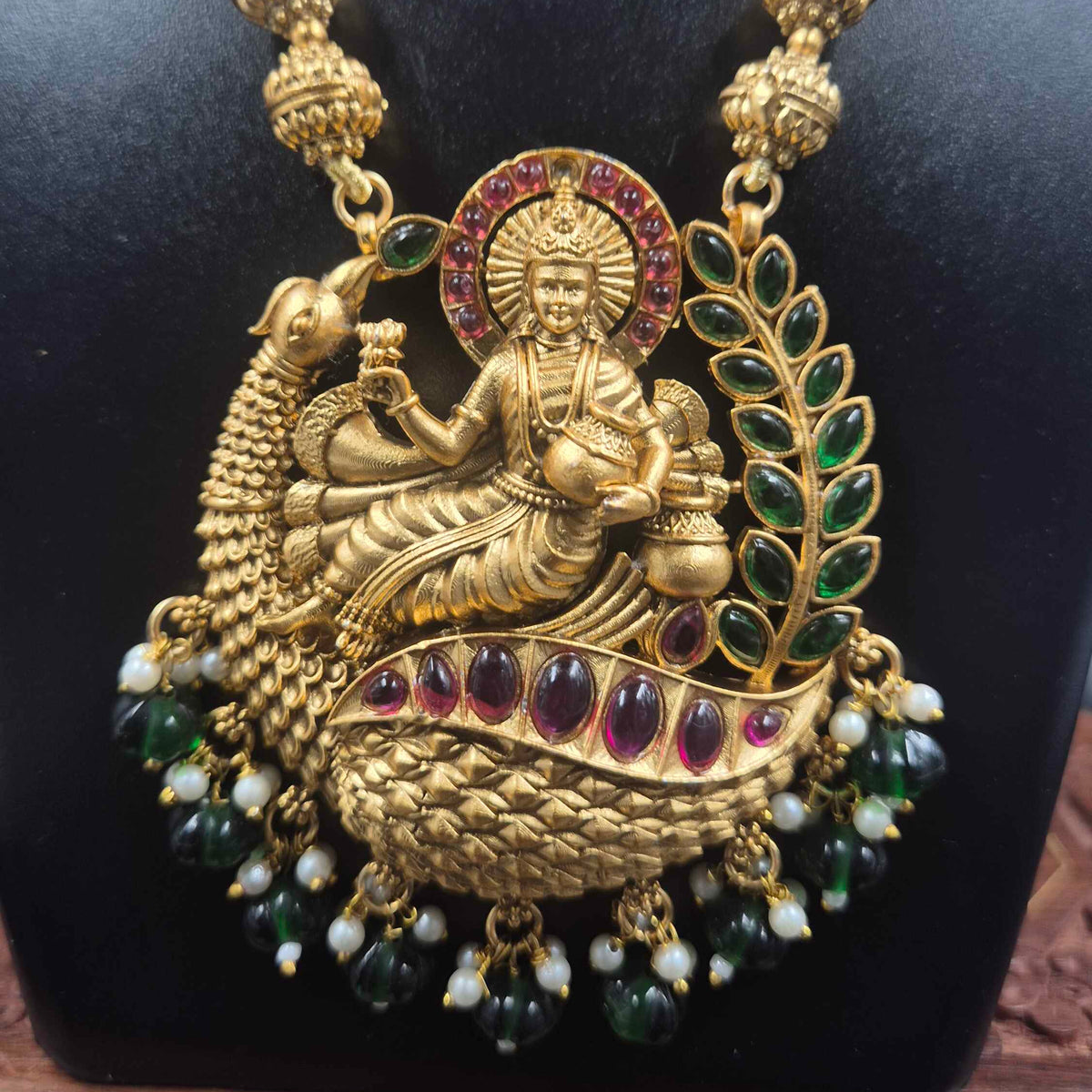 Goddess Lakshmi Peacock Pendant Necklace Set | Ruby & Emerald Jewellery
