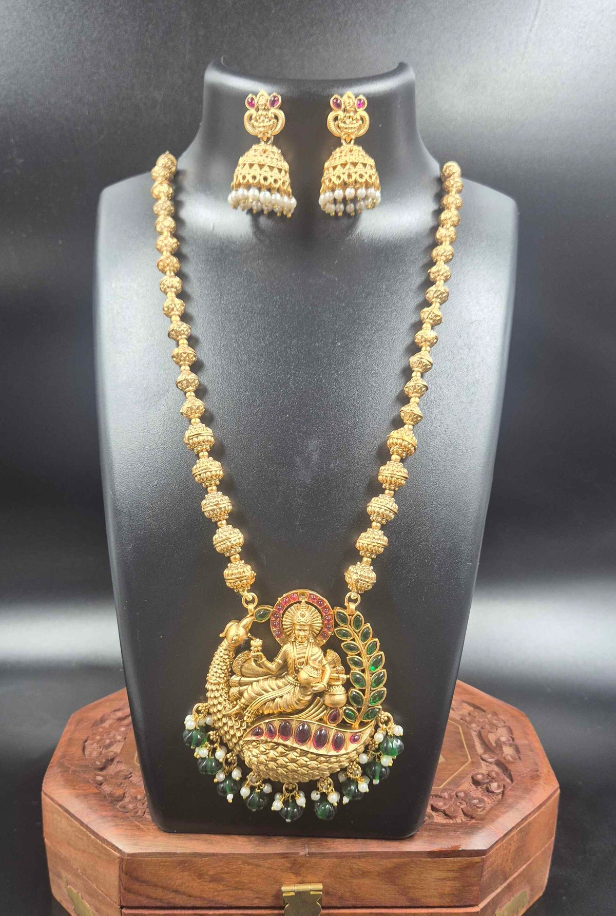 Goddess Lakshmi Peacock Pendant Necklace Set | Ruby & Emerald Jewellery
