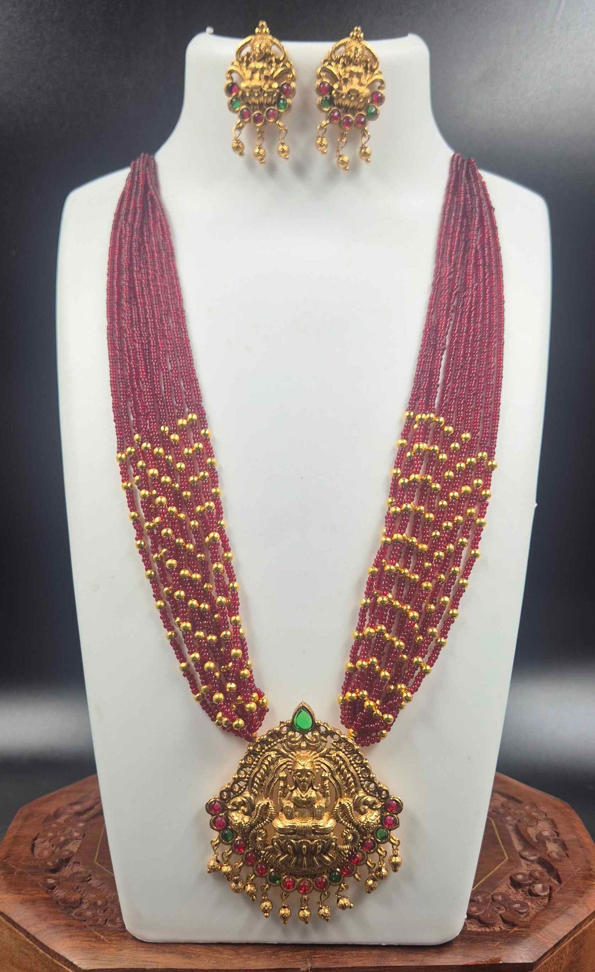 Maroon Beaded Lakshmi Necklace with Temple Pendant & Earrings