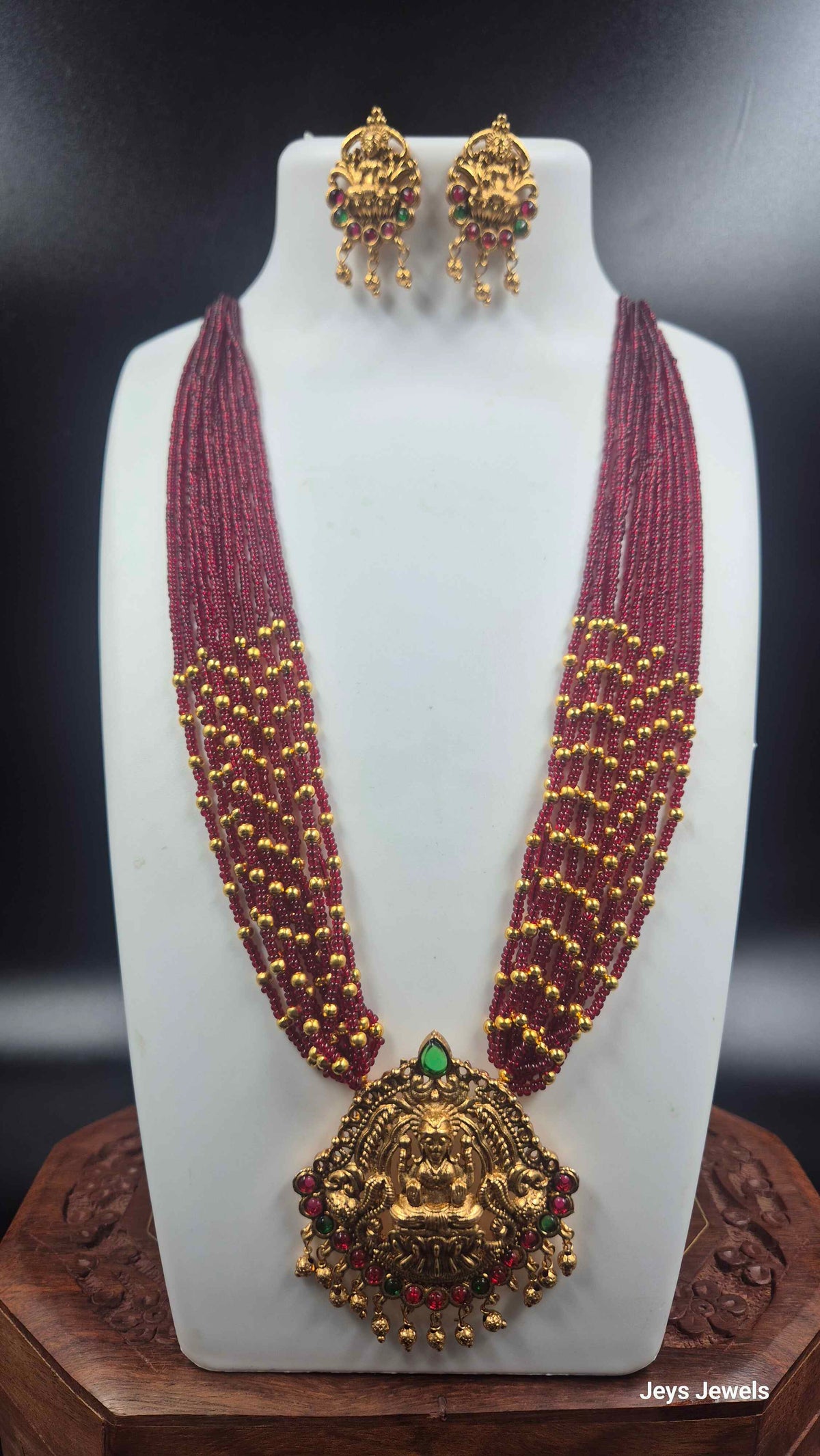 Maroon Beaded Lakshmi Necklace with Temple Pendant & Earrings