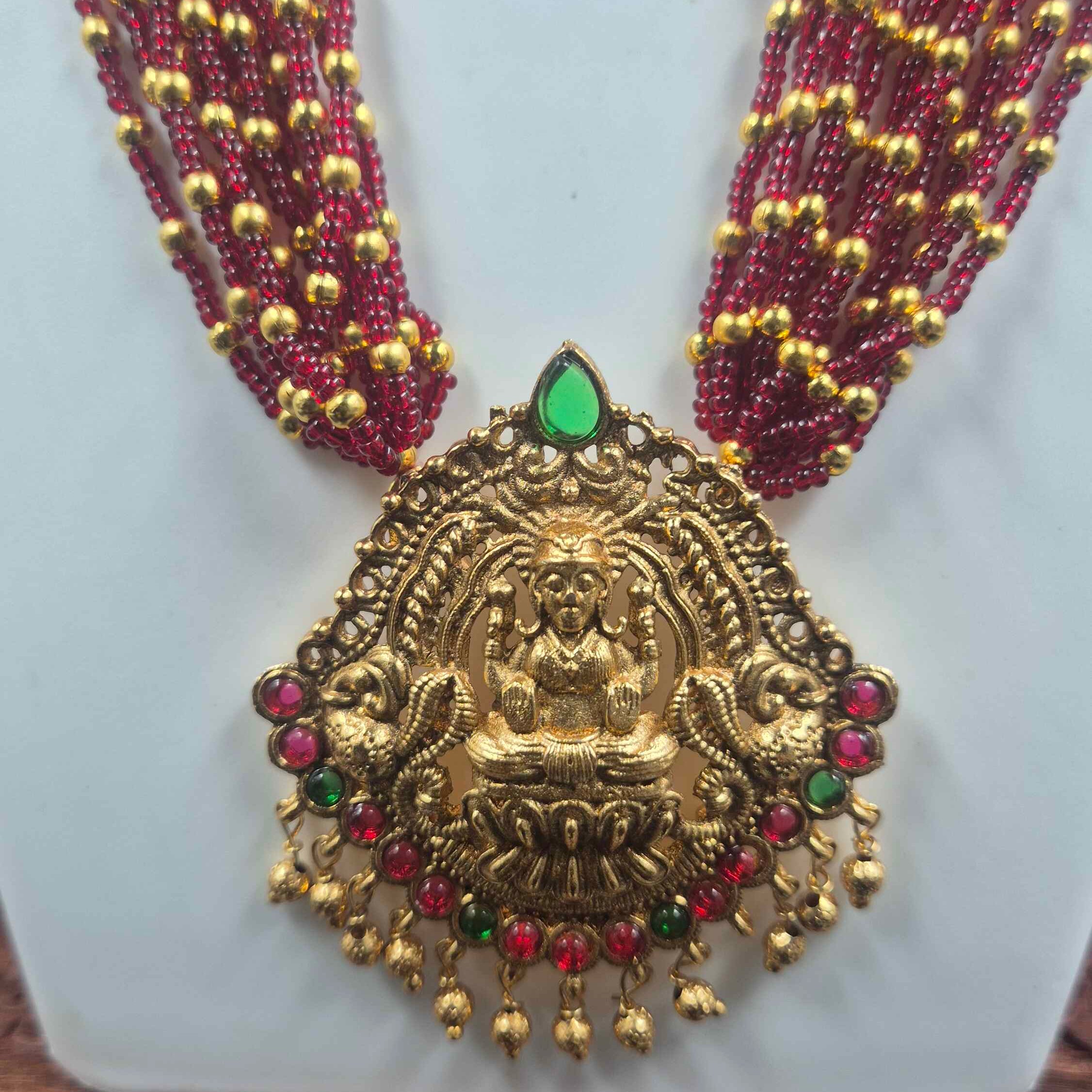 Maroon Beaded Lakshmi Necklace with Temple Pendant & Earrings