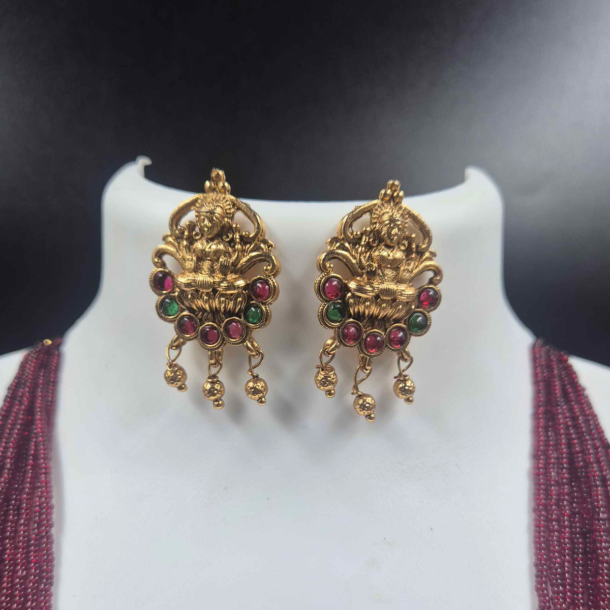 Maroon Beaded Lakshmi Necklace with Temple Pendant & Earrings