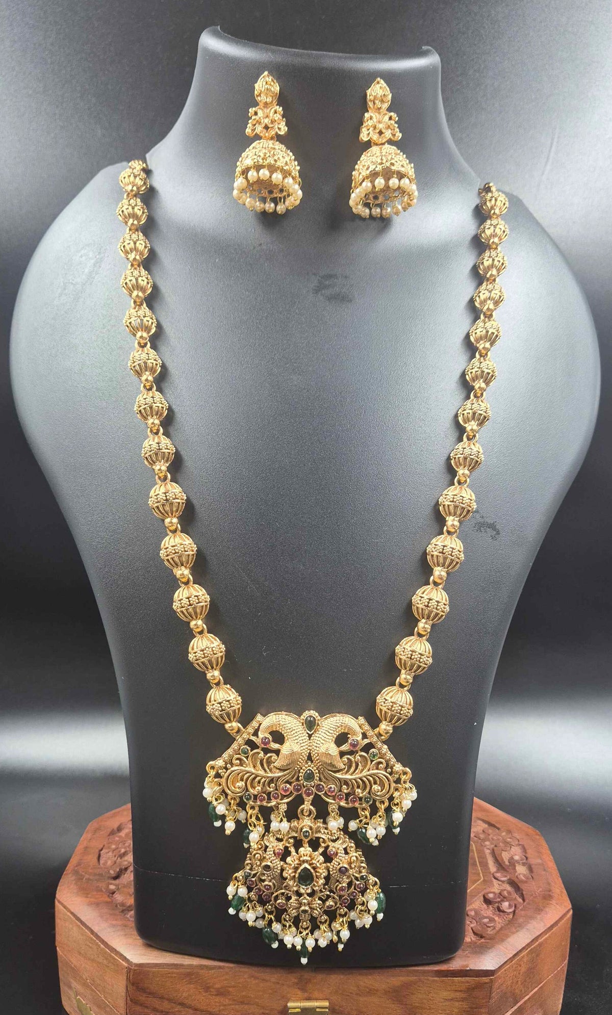 Peacock Nakshi Necklace Set with Jhumkas | Traditional Temple Jewellery