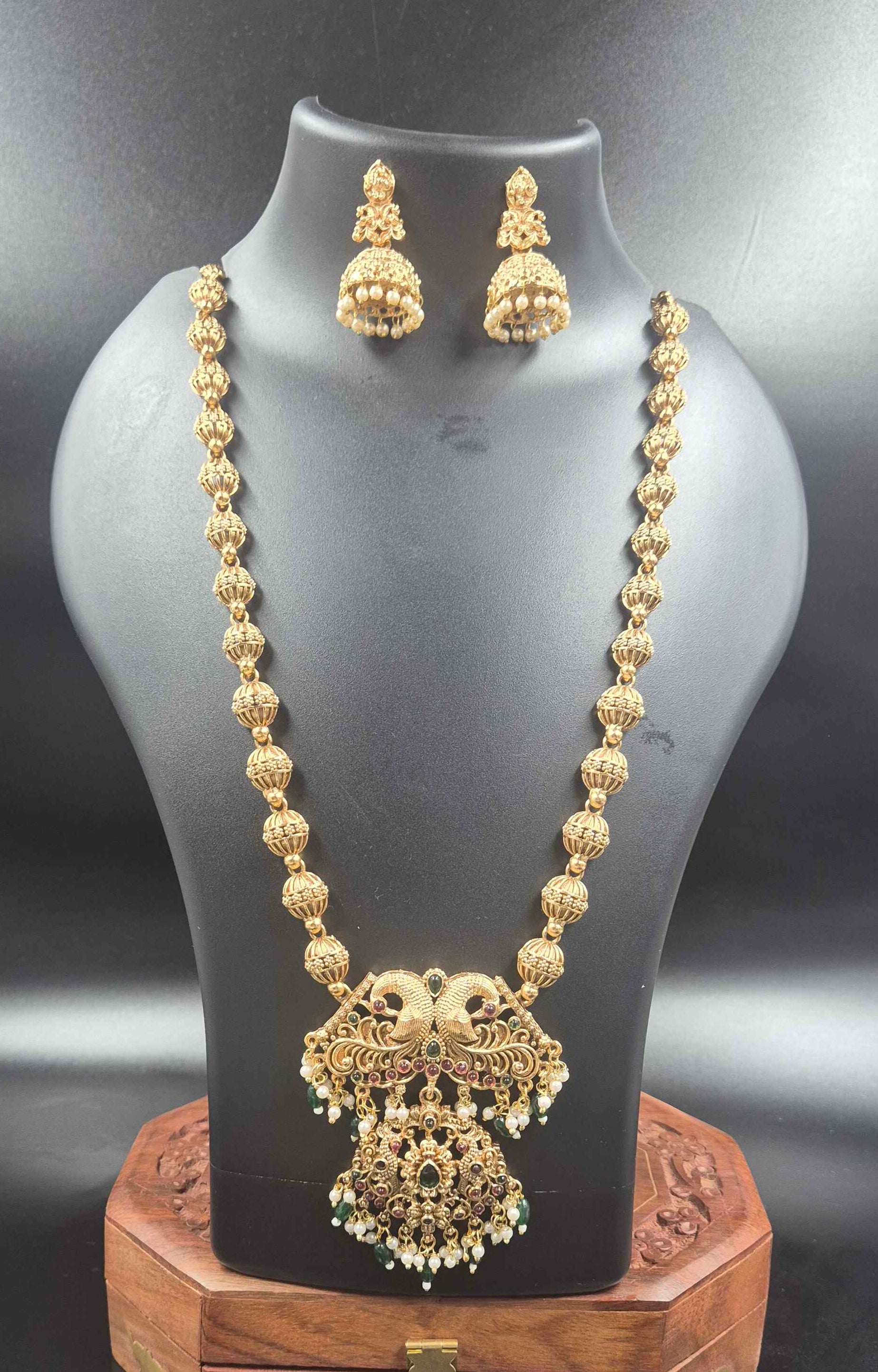 Peacock Nakshi Necklace Set with Jhumkas | Traditional Temple Jewellery