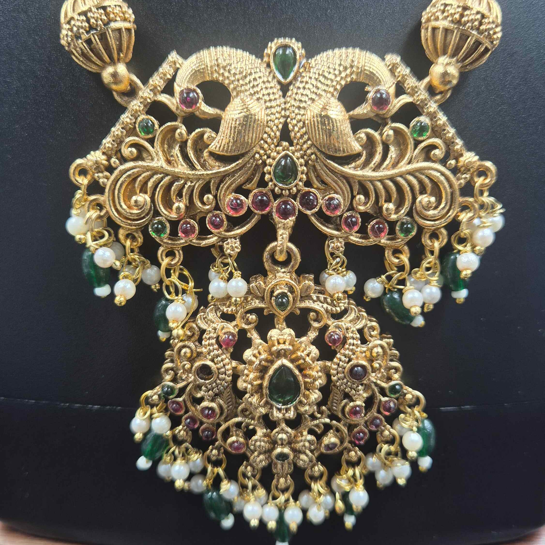 Peacock Nakshi Necklace Set with Jhumkas | Traditional Temple Jewellery