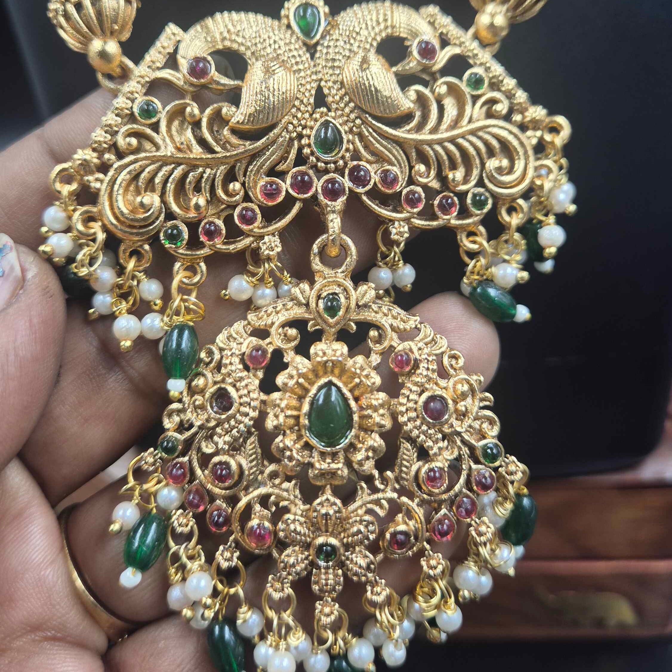 Peacock Nakshi Necklace Set with Jhumkas | Traditional Temple Jewellery
