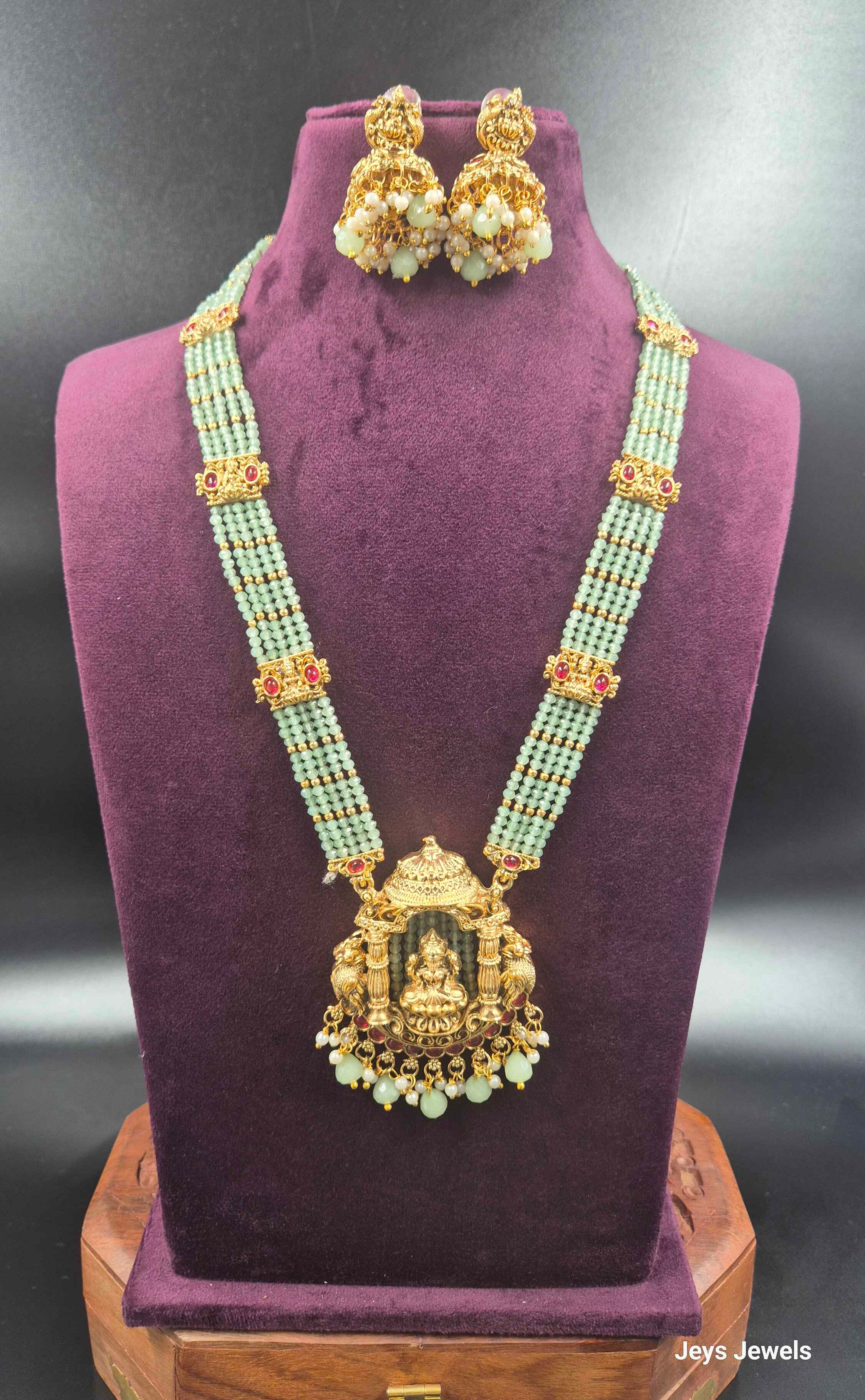 Mint Green Beaded Lakshmi Pendant Necklace with Matching Earrings