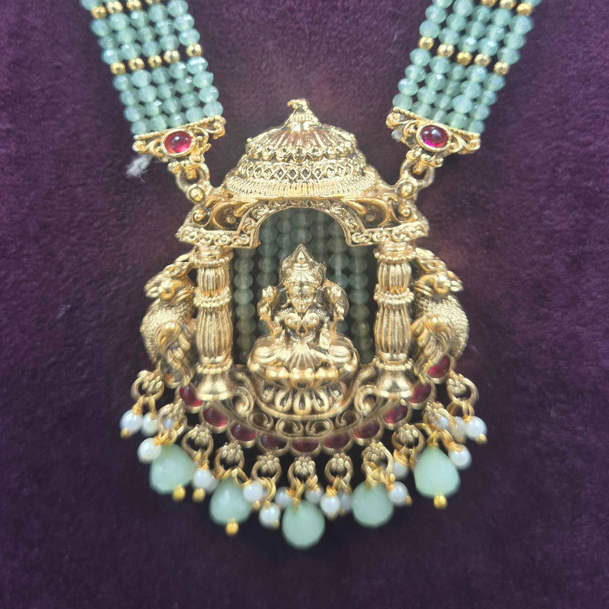 Mint Green Beaded Lakshmi Pendant Necklace with Matching Earrings