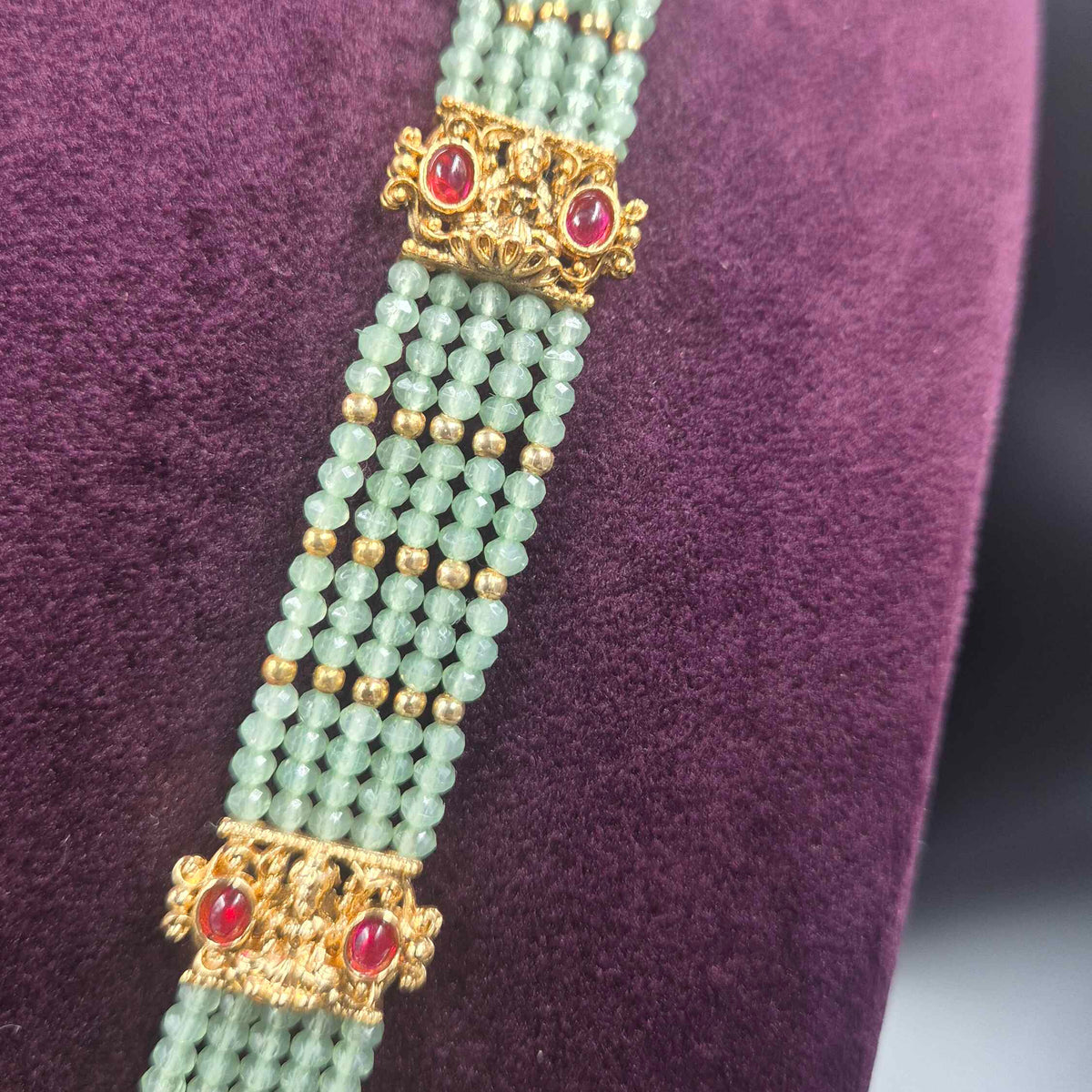 Mint Green Beaded Lakshmi Pendant Necklace with Matching Earrings
