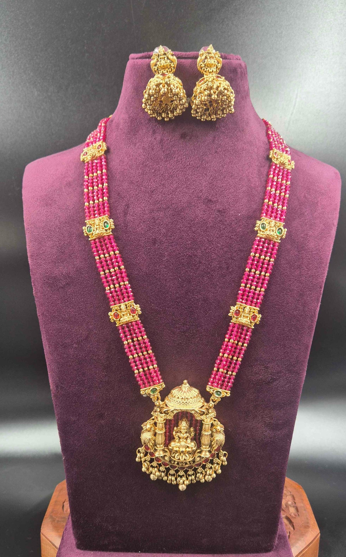 Pink Beaded Lakshmi Temple Necklace with Jhumka Earrings