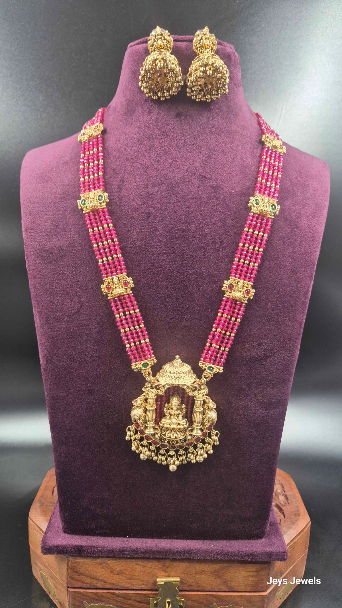 Pink Beaded Lakshmi Temple Necklace with Jhumka Earrings