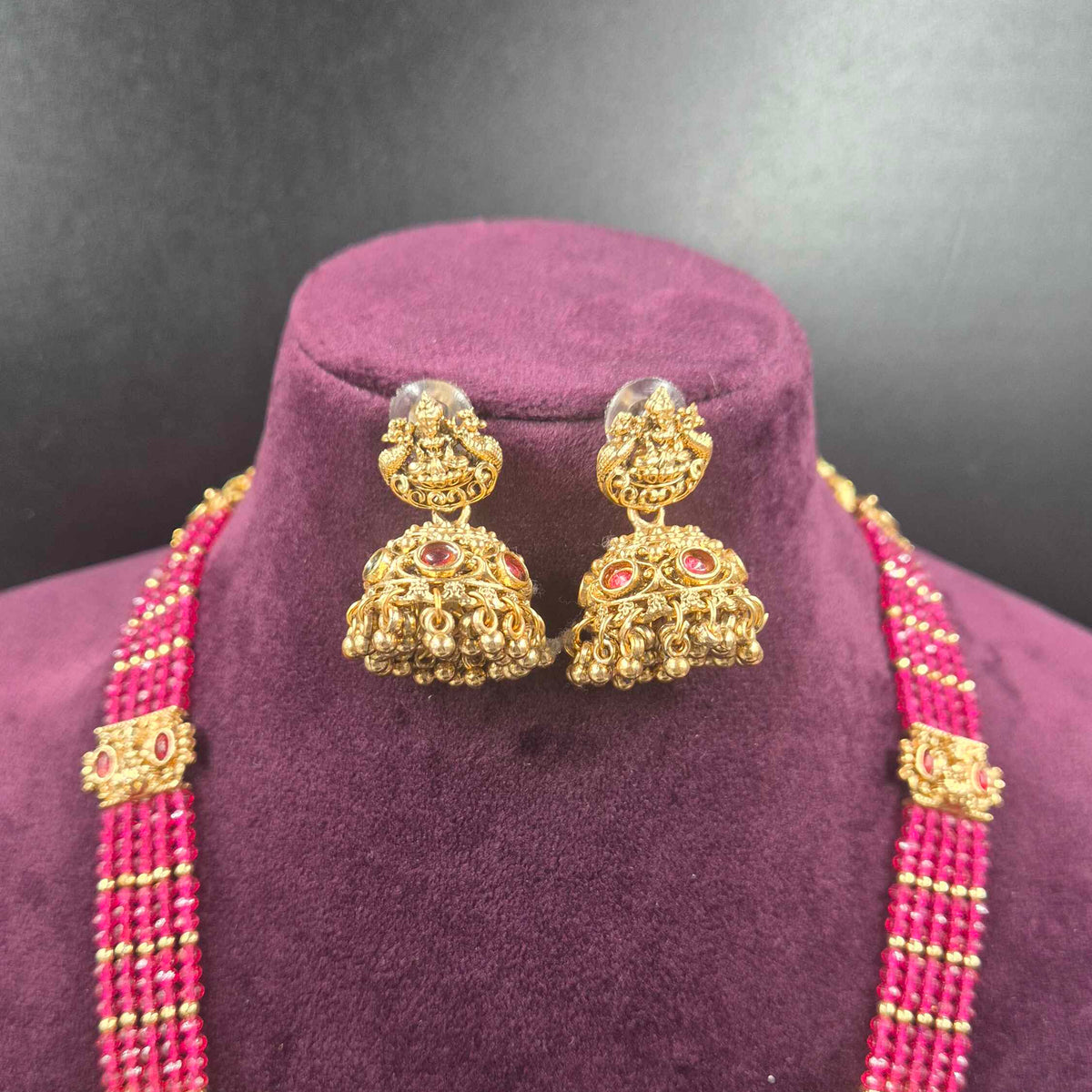 Pink Beaded Lakshmi Temple Necklace with Jhumka Earrings