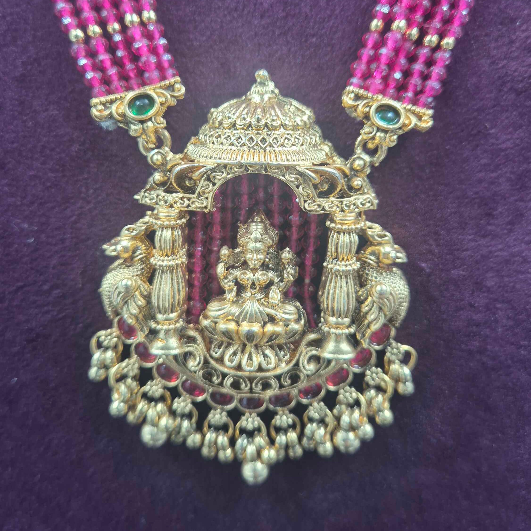 Pink Beaded Lakshmi Temple Necklace with Jhumka Earrings