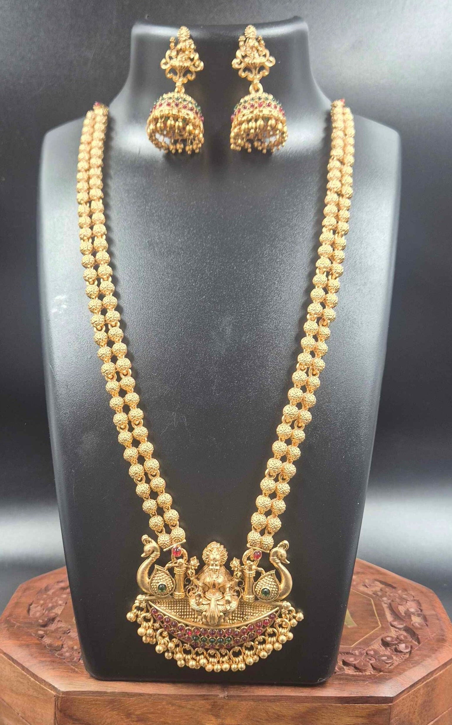 Lakshmi Peacock Temple Necklace with Gold Beaded Chain & Earrings