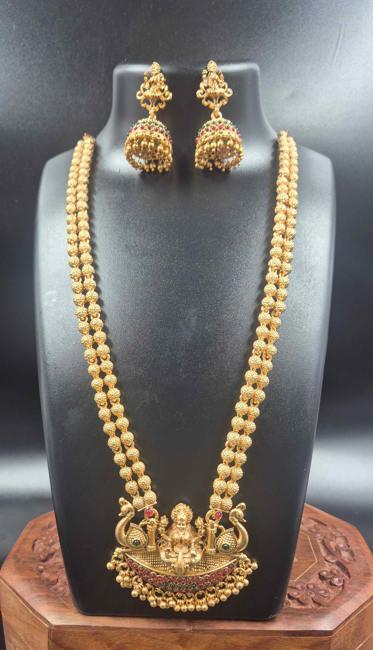 Lakshmi Peacock Temple Necklace with Gold Beaded Chain & Earrings