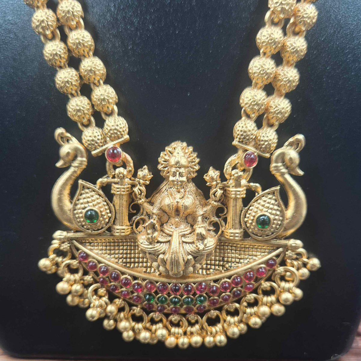 Lakshmi Peacock Temple Necklace with Gold Beaded Chain & Earrings