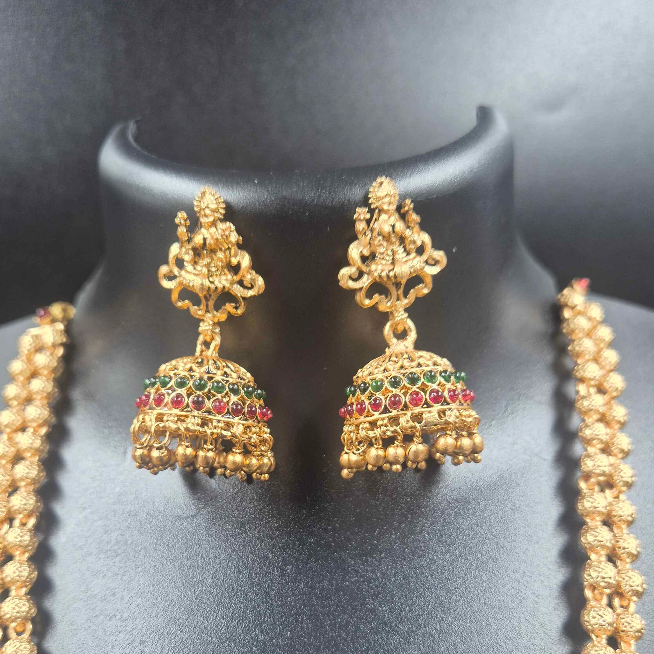 Lakshmi Peacock Temple Necklace with Gold Beaded Chain & Earrings