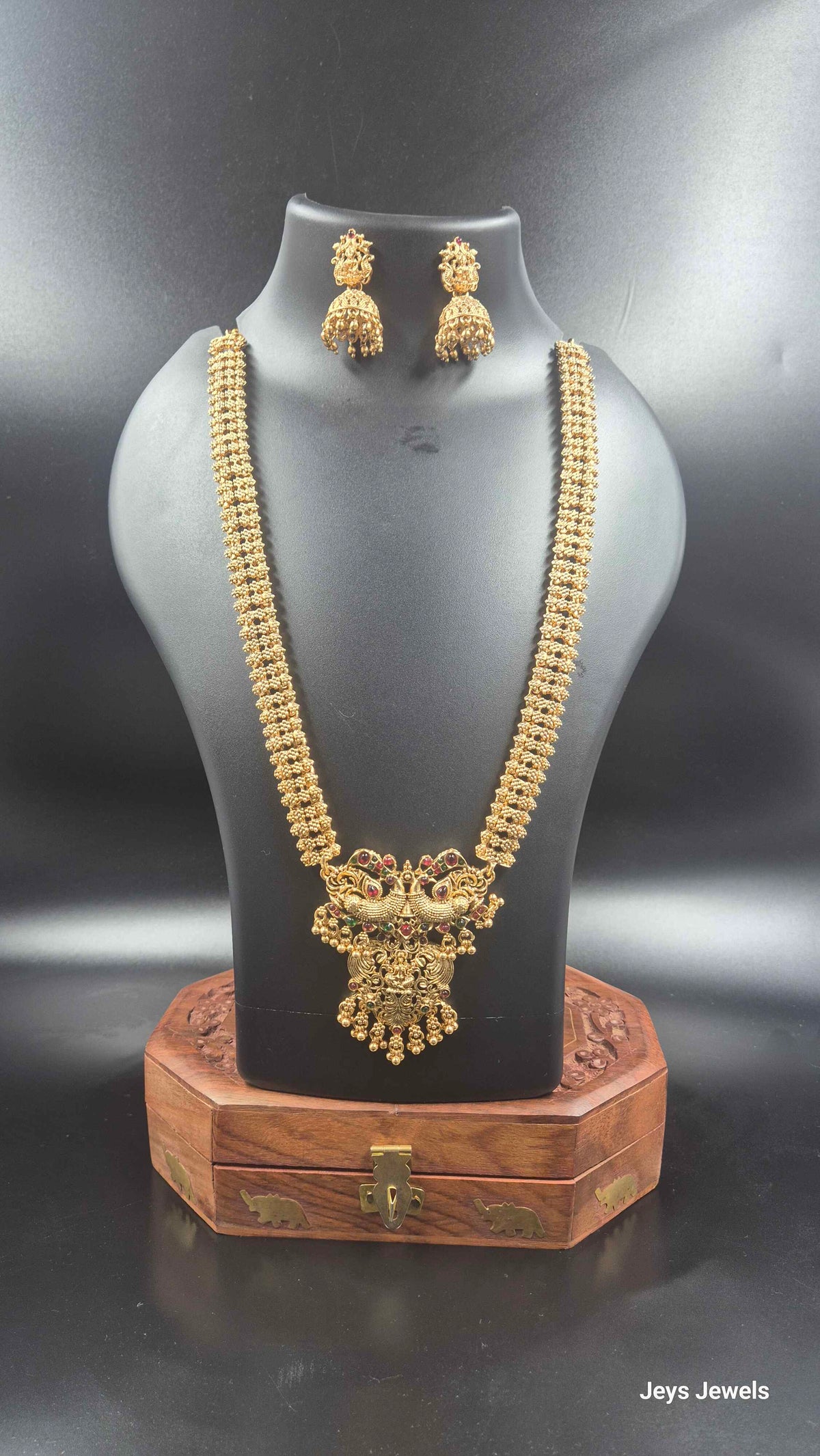 Peacock Motif Lakshmi Pendant Long Haram with Matching Jhumkas