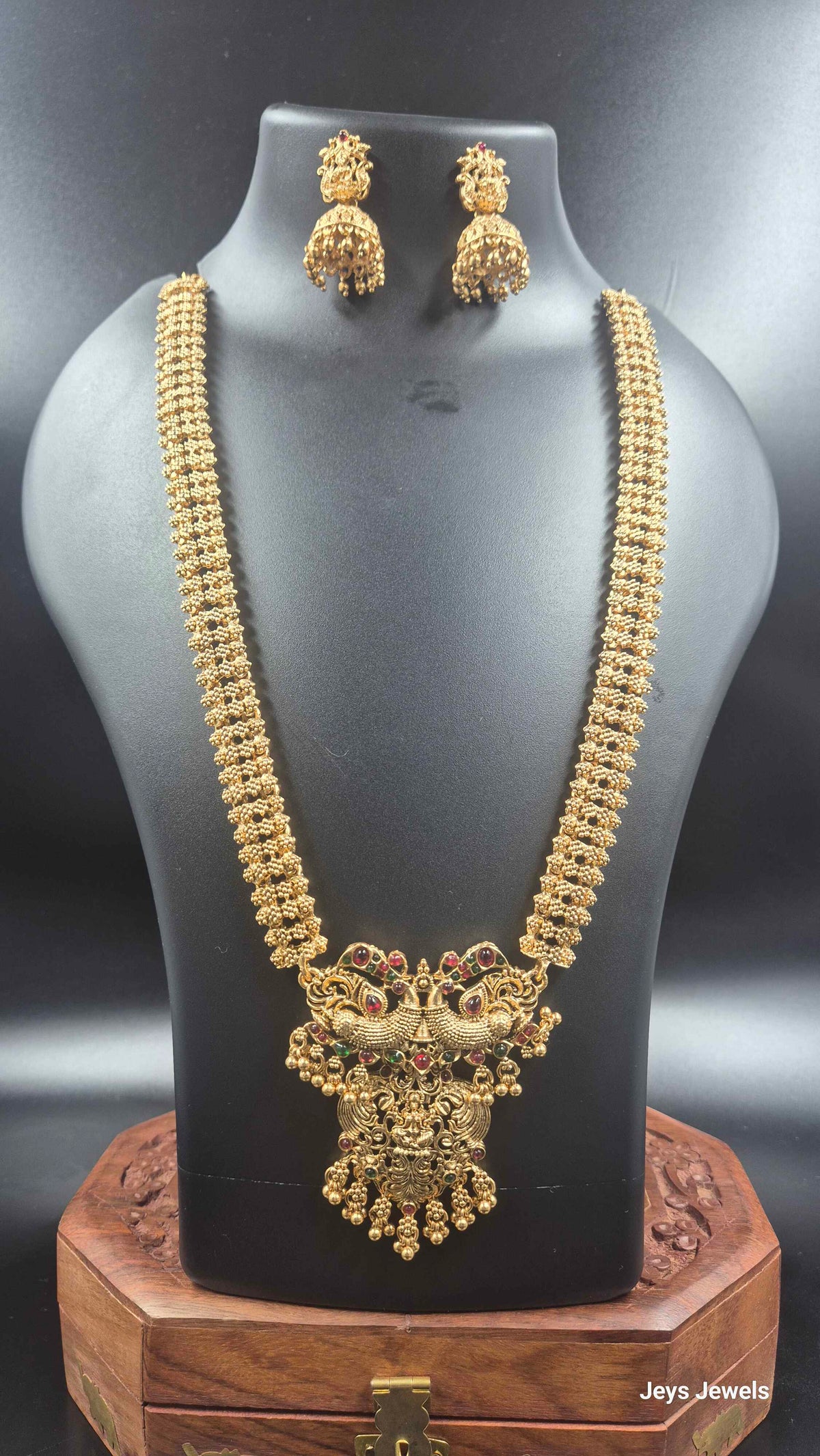 Peacock Motif Lakshmi Pendant Long Haram with Matching Jhumkas