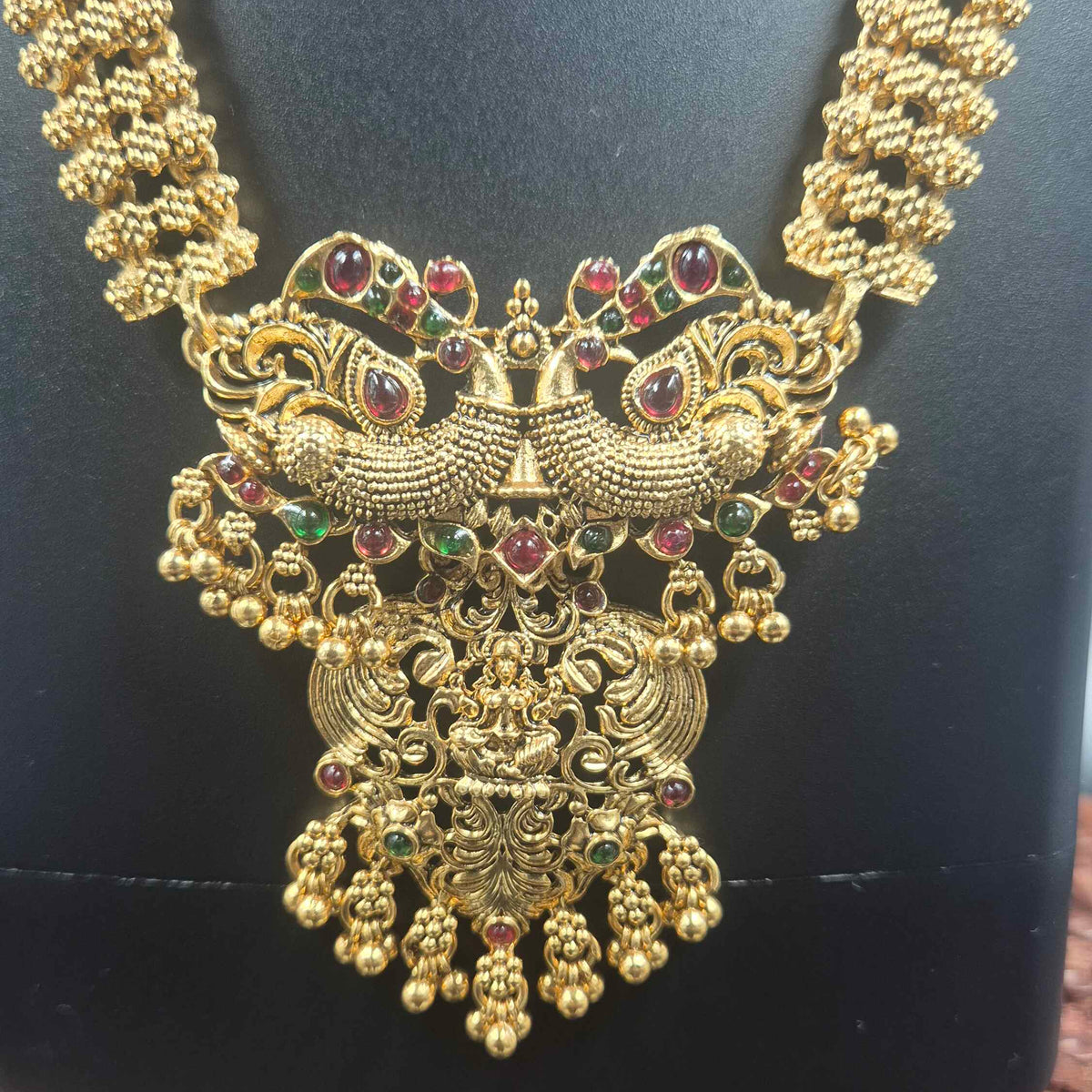 Peacock Motif Lakshmi Pendant Long Haram with Matching Jhumkas