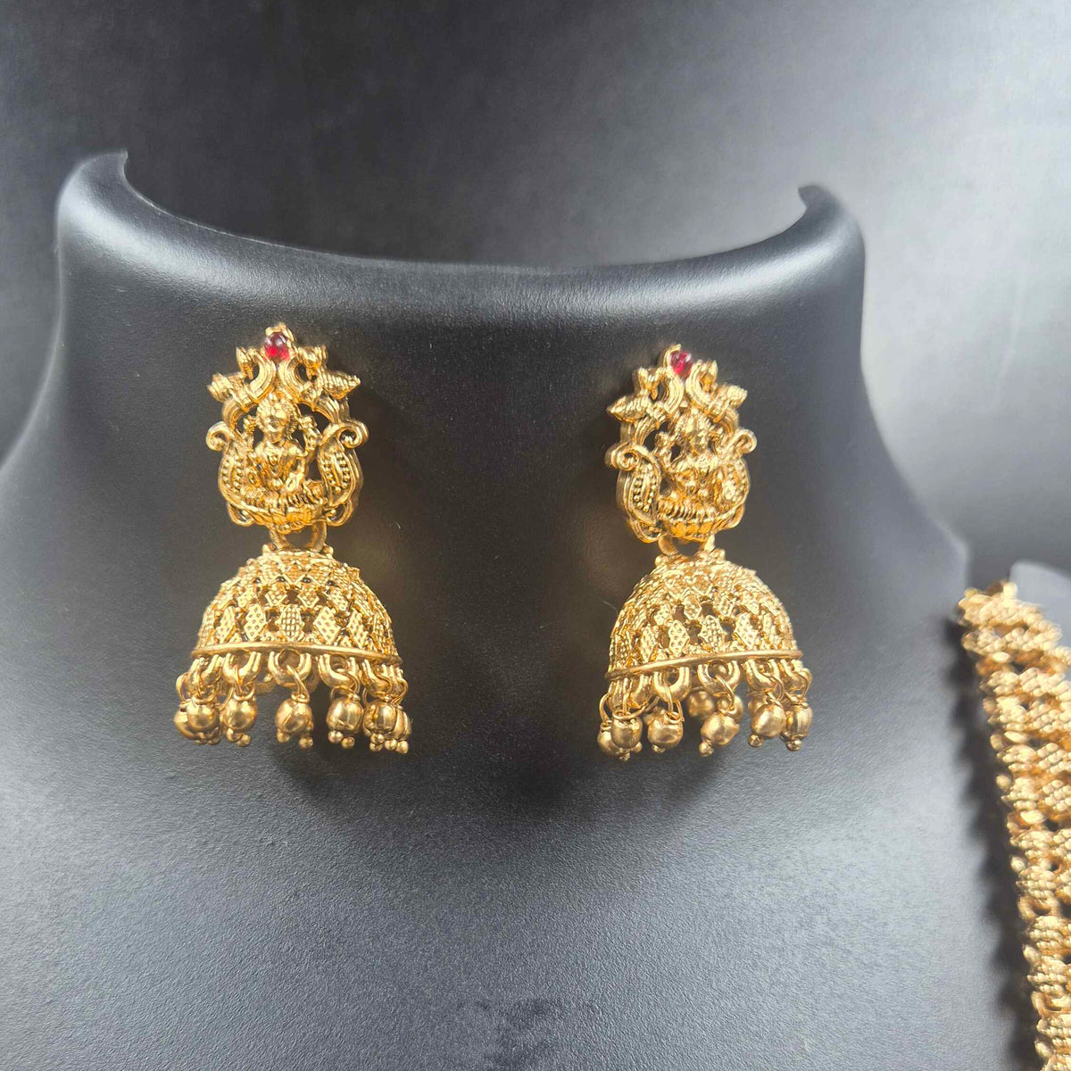 Peacock Motif Lakshmi Pendant Long Haram with Matching Jhumkas