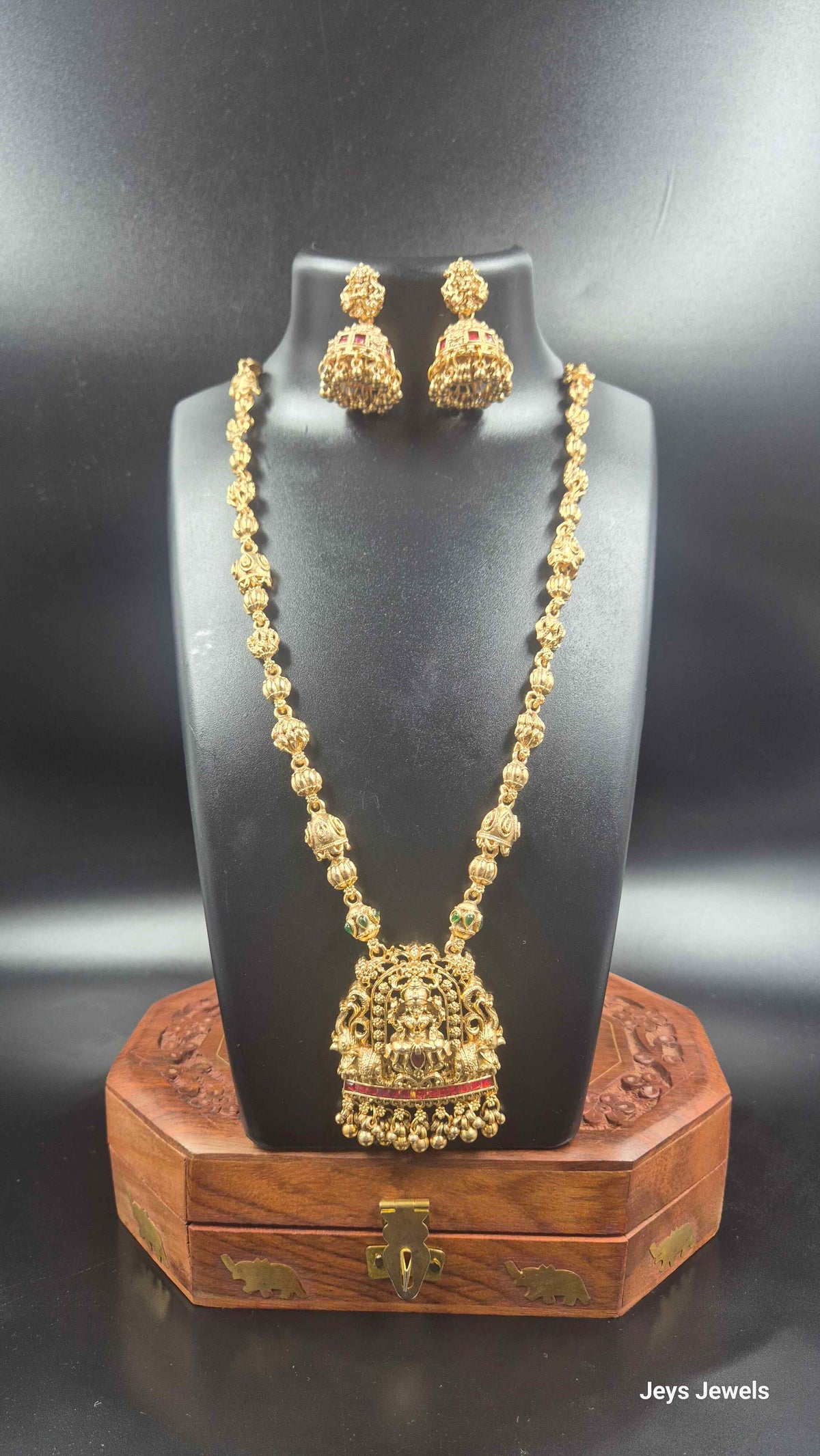 Lakshmi Pendant Long Haram with Red  Stone Accents